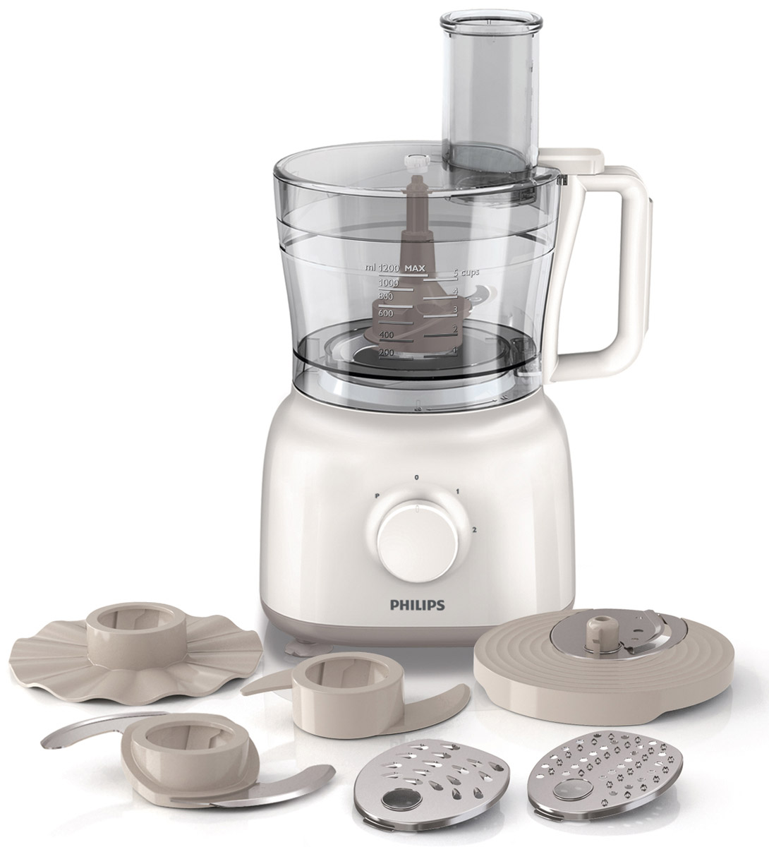 Philips HR 7627/00 кухонный комбайнHR7627/00 Philips HR 7627/00 кухонный комбайнHR7627/00Кухонный комбайн Philips HR 7627/00 из коллекции Daily отличается компактным дизайном и оснащен чашей 2,1 л. В комплект также входят различные аксессуары для более эффективной работы. Готовить вкусные домашние блюда теперь так просто!2 режима скорости и импульсный режим для легкого управленияДля получения наилучших результатов выбирайте низкую скорость (скорость 1) для взбивания сливок, яиц, приготовления теста для сдобных булочек, печенья и хлеба. Более высокая скорость (скорость 2) прекрасно подходит для измельчения лука, приготовления фарша, супов и коктейлей, а также для шинковки, нарезки ломтиками, натирания на терке и измельчения овощей.Камера подачи ингредиентов шире на 40% (по сравнению с моделью Philips HR7625)Новый кухонный комбайн Philips из коллекции Daily оснащен камерой подачи ингредиентов, размер которой на 40% больше, чем на предыдущей модели HR7625, а значит вы сэкономите время на подготовительной нарезке овощей и фруктовВысококачественные вставки в диск из нержавеющей сталиПросто выберите необходимую вставку в диск для приготовления любимого блюда и закрепите его в держателе. Прибор прошел всестороннее тестирование. Вам остается лишь наслаждаться оптимальными результатами нарезки и шинковки.Мотор мощностью 650 Вт для максимальных результатовЭтот кухонный комбайн Philips оснащен мощным мотором, который обеспечивает скорость и точное управление при приготовлении любых блюд. До 5 порций за один приемБольшая чаша объемом 2,1 л (рабочая емкость — 1,5 л) позволяет приготовить до 5 порций супа за один прием.Насадки можно мыть в посудомоечной машинеВсе насадки кухонного комбайна Philips можно мыть на верхней полке посудомоечной машины.Насадка для взбивания сливок и яичных белковИдеальный аксессуар для приготовления эмульсий и взбивания яиц или сливок. Для получения пышной пены взбивайте ингредиенты на низкой скорости. Готовить вкуснейшие десерты или майонез теперь так просто!Технология PowerChop для идеального измельченияТехнология PowerChop сочетает в себе особую форму и угол расположения ножа и специальный дизайн внутренней чаши, что обеспечивает идеальный результат при измельчении мягких и твердых ингредиентов. Идеальное решение для приготовления пюре и теста для выпечки!Поскольку нет внутреннего шнека, содержимое не разбрызгивается из центра чаши В отличие от других более дешевых комбайнов в этом кухонном комбайне Philips нет внутренней трубки в центре чаши. Благодаря этому супы и другие жидкости не вытекают из центра чаши и не пачкают комбайн и рабочую поверхность кухни! Да и сборка в результате значительно упростилась — просто вставьте держатель по указателям соединительных элементов.Острый нож из прочной нержавеющей стали в форме буквы S измельчает овощи, например лук, за мгновение. Его можно также использовать и для измельчения других продуктов, например орехов, мяса или даже измельчения теста для пирога с хрустящей посыпкой.Блендер: количество оборотов в минуту (максимум): 21 000 об/минЧаша: количество оборотов в минуту (максимум): 1900 об/минРабочая емкость чаши: 1,5 л
