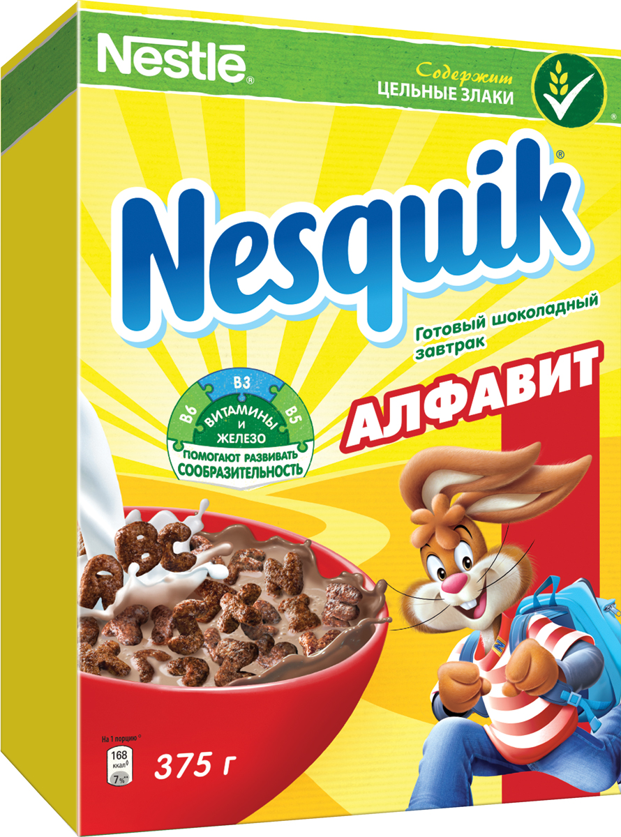 Nestle Nesquik Алфавит готовый завтрак, 375 г12133852 Nestle Nesquik Алфавит готовый завтрак, 375 г12133852Nestle Nesquik Алфавит - это любимый готовый шоколадный завтрак Nesquik в виде 25 букв английского алфавита, смешанных в равной пропорции. Тарелка полезного для здоровья готового завтрака Nesquik в сочетании с молоком - это прекрасное начало дня. Кроме того, теперь можно весело, вкусно и с пользой для здоровья изучать английский язык за завтраком! Готовый завтрак содержит цельные злаки (природный источник клетчатки), он также обогащен 7 витаминами, железом, кальцием и витамином Д, которые помогают расти здоровым и умным. Какао - секрет волшебного шоколадного вкуса Nesquik, который так нравится детям. Дети любят готовый завтрак Nesquik за чудесный шоколадный вкус, а мамы - за его пользу.Рекомендуется употреблять с молоком, кефиром, йогуртом или соком.Уважаемые клиенты! Обращаем ваше внимание, что полный перечень состава продукта представлен на дополнительном изображении.