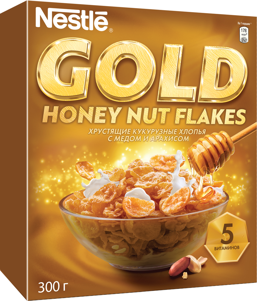 Nestle Gold Honey Nut Flakes готовый завтрак, 300 г12254821 Nestle Gold Honey Nut Flakes готовый завтрак, 300 г12254821Готовый завтрак Nestle Gold Honey Nut Flakes - это отличный завтрак для всей семьи. Хрустящие кукурузные хлопья с медом и арахисом дополнительно обогащены комплексом витаминов. Каждая порция готового завтрака более чем на 15% удовлетворяет рекомендуемую суточную потребность в витаминах B2, B3 (ниацине), B5 (пантотеновой кислоте), B6 и B9 (фолиевой кислоте). Вы любите начинать утро с полезного, качественного и вкусного завтрака? Вы привыкли выбирать для себя только самое лучшее? Тогда кукурузные хлопья с медом и арахисом Gold Honey Nut Flakes - для вас! Хлопья рекомендуется употреблять с молоком, кефиром, йогуртом или соком. Уважаемые клиенты! Обращаем ваше внимание на то, что упаковка может иметь несколько видов дизайна. Поставка осуществляется в зависимости от наличия на складе.