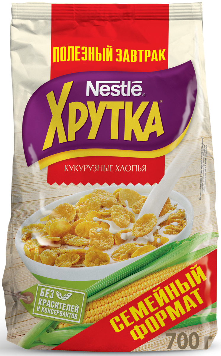 Nestle Хрутка Кукурузные хлопья готовый завтрак, 700 г12204943 Nestle Хрутка Кукурузные хлопья готовый завтрак, 700 г12204943Готовый завтрак Nestle Хрутка - это именно то, что вам нужно! Добавьте молоко, йогурт, кефир или сок - и ваше утро начнется с вкусного разнообразного завтрака. Кукурузные хлопья Хрутка производятся по высоким стандартам качества Nestle из кукурузы, выращенной в России. Кукурузные зерна тщательно отбираются, затем очищаются и подвергаются бережной обработке. Благодаря специальной технологии приготовления, хлопья получаются вкусными и полезными.