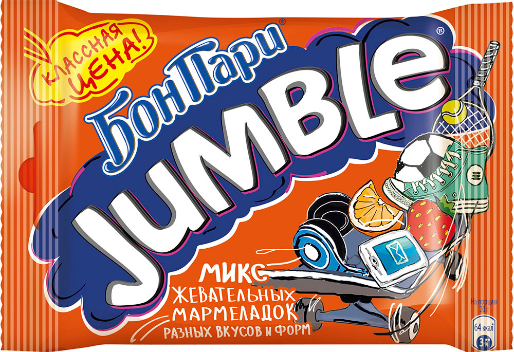 Бон Пари Jumble мармелад жевательный фигурный, 40 г12207684 Бон Пари Jumble мармелад жевательный фигурный, 40 г12207684Микс жевательного фигурного мармелада Бон Пари Jumble со вкусом фруктов. Более 60 разнообразных форм. Для изготовления мармелада Бон Пари используются только природные красители, полученные из натуральных компонентов.Продукт может содержать орехи, глютен, молоко и диоксид серы.Уважаемые клиенты! Обращаем ваше внимание на то, что упаковка может иметь несколько видов дизайна. Поставка осуществляется в зависимости от наличия на складе.