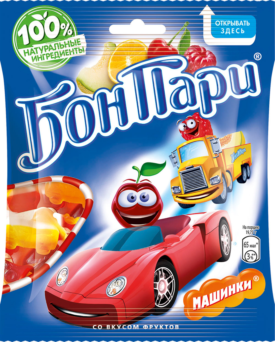 Бон Пари Машинки мармелад жевательный фигурный, 75 г12194288 Бон Пари Машинки мармелад жевательный фигурный, 75 г12194288Жевательный мармелад Бон Пари Машинкисо вкусом фруктов. Формочки выполнены в виде машинок. Для изготовления мармелада Бон Пари используются только природные красители, полученные из натуральных компонентов. С фруктовым соком и витамином С.Продукт может содержать орехи, глютен, молоко и диоксид серы.Уважаемые клиенты! Обращаем ваше внимание на то, что упаковка может иметь несколько видов дизайна. Поставка осуществляется в зависимости от наличия на складе.