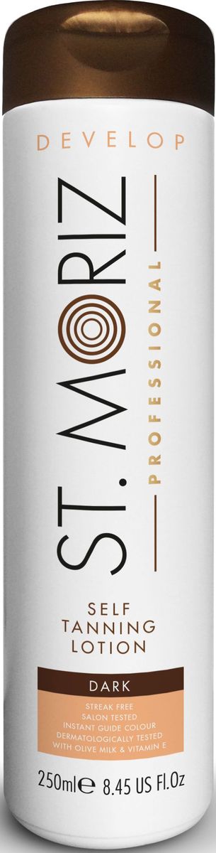 St. Moriz Professional Лосьон тонирующий Автобронзант, темный оттенок, 250 мл50183 St. Moriz Professional Лосьон тонирующий Автобронзант, темный оттенок, 250 мл50183Автобронзант нового поколения для достижения идеального и естественного бронзового оттенка кожи. Не оставляет разводов и полос на коже. Не оставляет запаха и оранжевых пятен! Моментально впитывается и быстро высыхает на коже. Содержит коричневую смываемую тонировку. Для нормальной кожи. Подходит для лица и тела. Содержит Оливковое молочко и Витамин Е. Не содержит парабены