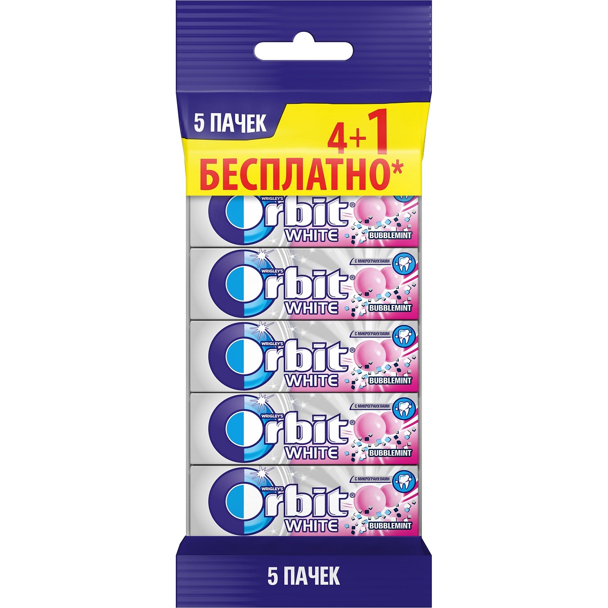 Orbit Bubblemint жевательная резинка без сахара, 5 пачек по 13,6 г5 пачек Orbit Bubblemint жевательная резинка без сахара, 5 пачек по 13,6 г5 пачекЖевательная резинка Orbit Белоснежный Bubblemint без сахара способствует поддержанию здоровья зубов: удаляет остатки пищи, способствует уменьшению зубного налета, нейтрализует вредные кислоты, усиливает процесс реминерализации эмали. *Употребление жевательной резинки каждый раз после еды способствует поддержанию чистоты и здоровья зубов в дополнение к уходу за ротовой полостью с помощью зубной щетки.
