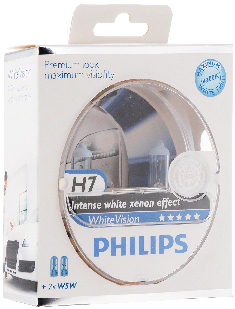 Галогенная автомобильная лампа Philips White Vision H7 12V-55W абсолютно белый свет +W5W 12V-5W W2,1x9,5d WHV по 2 шт. 12972WHVSM12972WHVSM Галогенная автомобильная лампа Philips White Vision H7 12V-55W абсолютно белый свет +W5W 12V-5W W2,1x9,5d WHV по 2 шт. 12972WHVSM12972WHVSMWhiteVision - сильный белый ксеноновый эффектМаксимальная видимость и отличный внешний видМаксимально белый свет для большей контрастностиКачество оригинального оборудования PhilipsВысококачественное кварцевое стекло100%-ное соответствие законодательным нормамЛампы Philips WhiteVision придают свету фар вашего автомобиля интенсивный белый оттенок с ксеноновым эффектом, что создает идеальные условия для вождения в ночное время. Благодаря повышенной яркости и цветовой температуре до 4300К лампы WhiteVision представляют собой идеальное сочетание стиля и безопасности. Превосходя по характеристикам любые лампы с синим светом на рынке, лампы Philips WhiteVision являются идеальным решением для поклонников стильного вождения без ущерба для безопасностиНапряжение: 12 вольт