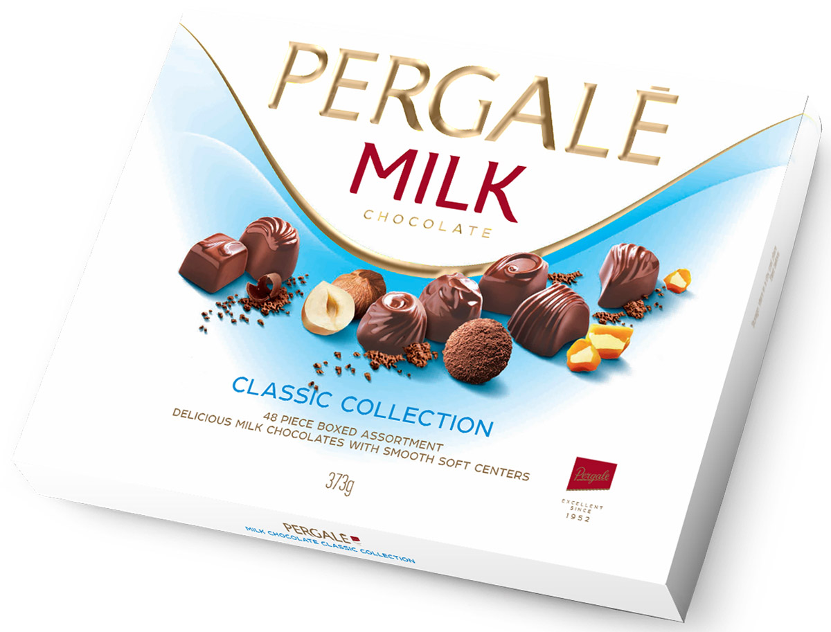 Pergale Набор конфет из молочного шоколада ассорти, 373 г10645 Pergale Набор конфет из молочного шоколада ассорти, 373 г10645Лидирующая фабрика стран Балтии, кондитерские изделия которой славятся своим качеством и оригинальными рецептами вот уже более 60 лет. Внутри элегантной упаковки находятся шоколадные конфеты с различными нежными начинками, которые позволят насладиться невероятным вкусом конфет.Уважаемые клиенты! Обращаем ваше внимание, что полный перечень состава продукта представлен на дополнительном изображении.