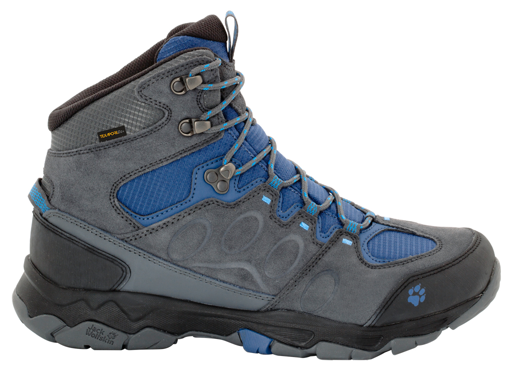 Ботинки трекинговые мужские Jack Wolfskin Mtn Attack 5 Texapore Mid M, цвет: серый, синий. 4017571-1588. Размер 11 (44)4017571-1588 Ботинки трекинговые мужские Jack Wolfskin Mtn Attack 5 Texapore Mid M, цвет: серый, синий. 4017571-1588. Размер 11 (44)4017571-1588Водонепроницаемые мужские ботинки от Jack Wolfskin прекрасно подойдут для многодневных походов. Верх обуви выполнен из водоотталкивающей замши со вставками из прочной полиэфирной ткани для дополнительной терморегуляции. Внутренняя отделка выполнена из быстросохнущего полиэстера с водонепроницаемой дышащей мембраной Texapore O2. Шнуровка надежно фиксирует модель на ноге. Язычок вшитый. Оформлено изделие цветными вставками, на язычке и на заднике тиснением в виде названия и логотипа бренда. Гибкая эргономичная стелька из текстильного материала, обладающего гигроскопическими свойствами. Верхняя часть обуви подстраивается под вашу лодыжку, обеспечивая устойчивость и комфорт, которые чрезвычайно необходимы при преодолении каменистых троп и лесистой местности. Прочный синтетический материал во время подъема отводит лишнюю влагу, позволяя воздуху циркулировать, поддерживая тем самым приятный внутренний климат. Легкая, износостойкая подошва обеспечивает хорошую амортизацию и сцепление с любым типом почвы.