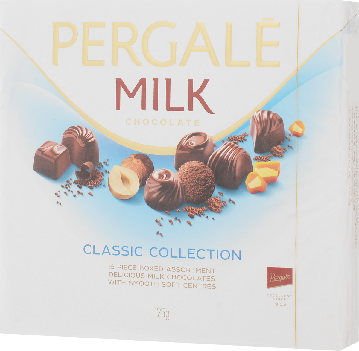 Pergale Набор конфет из молочного шоколада ассорти, 125 г10648 Pergale Набор конфет из молочного шоколада ассорти, 125 г10648Лидирующая фабрика стран Балтии, кондитерские изделия которой славятся своим качеством и оригинальными рецептами вот уже более 60 лет. Внутри элегантной упаковки находятся шоколадные конфеты с различными нежными начинками, которые позволят насладиться невероятным вкусом конфет.Уважаемые клиенты! Обращаем ваше внимание, что полный перечень состава продукта представлен на дополнительном изображении.