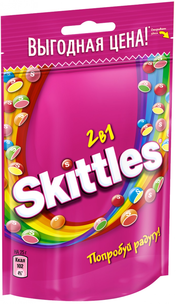 Skittles 2 в 1 драже в сахарной глазури, 100 г4009900481076 Skittles 2 в 1 драже в сахарной глазури, 100 г4009900481076Драже Skittles c разноцветной глазурью предлагают радугу фруктовых вкусов в каждой упаковке! Вкус 2 в 1 - это в два раза больше радуги, ведь в каждом драже - два фруктовых вкуса! Заразитесь радугой, попробуйте радугу!Уважаемые клиенты! Обращаем ваше внимание, что полный перечень состава продукта представлен на дополнительном изображении.