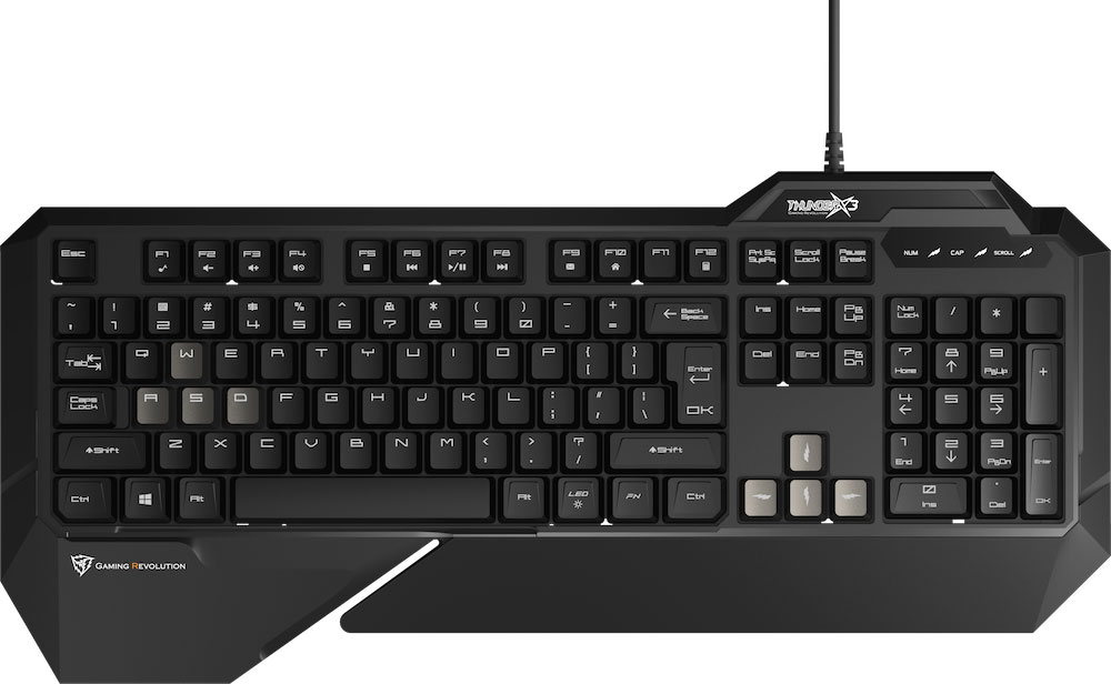 ThunderX3 TK15-RU игровая клавиатураTK15-RU ThunderX3 TK15-RU игровая клавиатураTK15-RUИгровая клавиатура ThunderX3 ТК15 идеальное решение для тех, кто покупает свою первую клавиатуру или хочет выбросить старую.Играя в любимую игру на клавиатуре ThunderX3 TK15 с технологией Anti-ghosting одновременно возможно все: прыгать, менять оружие, стрейфиться по диагонали и использовать специальные способности. Все 19 одновременно нажатых кнопок будут гарантированно обработаны компьютером без малейших задержек.Жизнь клавиатуры не остановится от пролитого чая или кофе. Конструкция ThunderX3 TK15 имеет специальные отверстия, через которые жидкость пройдет сквозь корпус, не повредив электронику. Просто протрите и просушите клавиатуру и продолжайте с того момента, на котором остановились.Интегрированная в корпус опора для запястья позволяет работать или проводить ночи напролет с любимой игрой в максимальном комфорте, благодаря идеальному углу и размеру опоры. Также предотвращает возникновения туннельного синдрома!Уникальный, продуманный со стороны эргономики футуристичный дизайн, ставит TK15 на ступеньку выше всех начальных решений для компьютерных игр.Игровая клавиатура ThunderX3 TK15 обладает совершенно неубиваемой мембранной структурой с жизненным циклом в 20 миллионов нажатий.