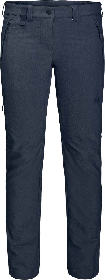 Брюки женские Jack Wolfskin Activate Sky W, цвет: темно-синий. 1504381-1910. Размер 40 (50)1504381-1910 Брюки женские Jack Wolfskin Activate Sky W, цвет: темно-синий. 1504381-1910. Размер 40 (50)1504381-1910Эластичные, прекрасно дышащие водо- и ветронепроницаемые брюки Jack Wolfskin Activate Sky изготовлены из комбинированного, похожего на деним софтшелла. Модель прямого кроя стандартной посадки на талии имеет застежку-молнию в ширинке и пуговицу на эластичном поясе. Имеются шлевки для ремня. Изделие дополнено двумя прорезными карманами на молниях на бедрах и одним прорезным карманом на молнии на брючине. Ширину в области лодыжек можно регулировать.На альпийских тропах или в джунглях большого города - брюки Activate Sky позволяют вам сочетать стиль и функциональность. Эти практичные брюки сшиты из нового, похожего на деним, материала Flex Shield. Приятная легкая и прекрасно дышащая ткань обладает также водо- и ветронепроницаемыми свойствами. Все это делает ее максимально комфортной. Суперэластичные вставки в ключевых областях создают необходимую свободу движений на сложных горных маршрутах.