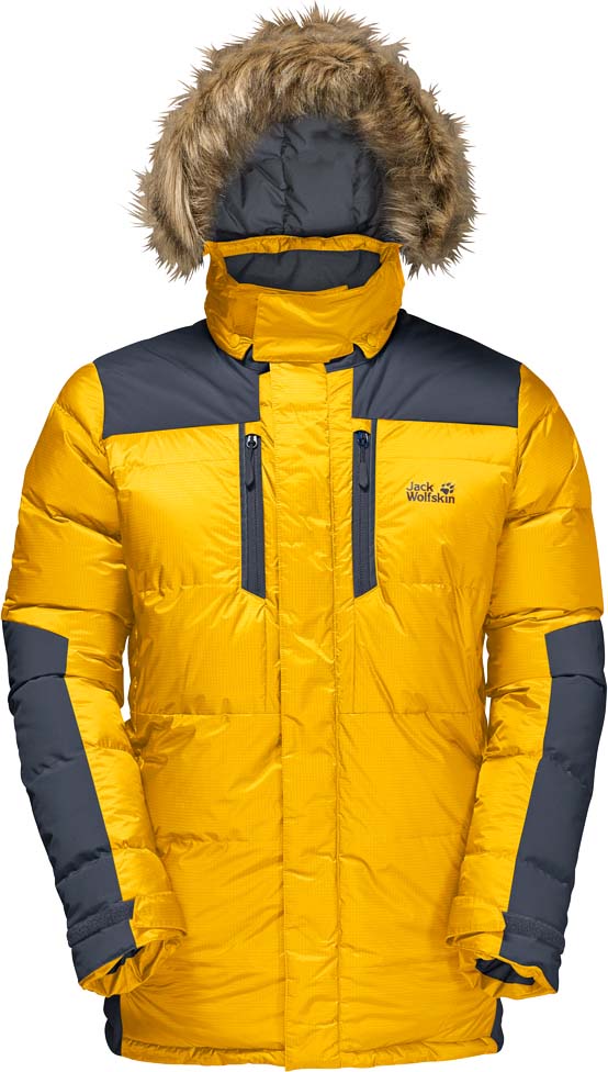Пуховик мужской Jack Wolfskin The Cook Parka, цвет: желтый. 1201911-3802. Размер XXL (54)1201911-3802 Пуховик мужской Jack Wolfskin The Cook Parka, цвет: желтый. 1201911-3802. Размер XXL (54)1201911-3802Теплая ветронепроницаемая пуховая парка с отстегивающимся капюшоном Jack Wolfskin The Cook Parka обеспечит вам надежное тепло для долгих и холодных дней.Модель прямого кроя с воротником-стойкой, надежно защищающим от ветра, застегивается на молнию и дополнена шестью прорезными карманами на молниях: двумя нагрудными, двумя на бедрах и двумя внутренними. Съемный капюшон с возможностью регулировать внутренний объем и область обзора дополнен съемной оторочкой из искусственного меха. Сильный ледяной ветер и арктические условия - родная стихия парки Cook Parka, ведь она просто создана для бури и температур намного ниже нуля. При создании этой куртки использован высокоэффективный утеплитель из утиного пуха. Особая конструкция пакетов для пуха, имеющих прямоугольник в сечении, позволяет пуху оставаться максимально пышным и поддерживает оптимальную теплоизоляцию. Благодаря внутреннему слою из материала Microguard Silver (20 г/м2) куртка начнет согревать вас немедленно - как только вы ее наденете. Внешний слой из материала Stormlock обеспечивает оптимальную защиту от ветра. Дышащая ткань способствует моментальному отводу влаги и обеспечивает нужную вентиляцию пуха, за счет чего он сохраняет свои оптимальные теплозащитные свойства. Складчатая снежная юбка защищает от снега и холода снизу. Модель капюшона повторяет капюшоны парок, которые носили исследователи Арктики в своих экспедициях. Он очень глубокий с удлиненным воротом и отстегивающейся опушкой из искусственного меха, которая выполняет функцию дополнительной защиты от ветра. Для теплоизоляции капюшона используется нечувствительный к влаге и сдавливанию синтетический утеплитель Microguard (80 г/м2).В гонках на собачьих упряжках, арктической экспедиции или на зимних каникулах в Лапландии - с паркой Cook Parka вы везде будете прекрасно экипированы.