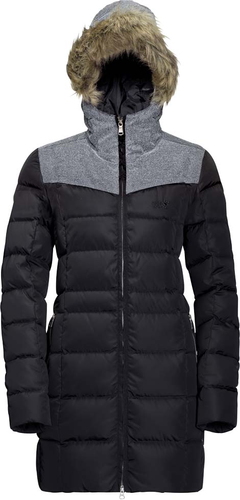 Пуховик женский Jack Wolfskin Baffin Island Coat, цвет: черный. 1203331-6000. Размер S (44/46)1203331-6000 Пуховик женский Jack Wolfskin Baffin Island Coat, цвет: черный. 1203331-6000. Размер S (44/46)1203331-6000Водонепроницаемое, ветроустойчивое пуховое пальто Jack Wolfskin Baffin Island Coat изготовлено из дышащей ткани. Модель приталенного кроя застегивается на металлическую молнию и дополнена двумя прорезными карманами на молнии. Чтобы на 100% быть уверенными в том, что вам тепло и уютно, когда дует ледяной ветер, производители добавили высокий воротник-стойку и отделку из искусственного меха вокруг несъемного капюшона, которые защитят ваше лицо от ветра. Размер капюшона можно регулировать в соответствии с погодными условиями. Рукава оснащены внутренним манжетами для большего тепла и комфорта. Ужин в ледяном отеле Ice Hotel? Возможно. А может быть вы, несмотря на снежную бурю в городе, хотите попасть в свой любимый ресторан. Стильное пальто Baffin Island может вызвать настоящую мини-сенсацию вне зависимости от того, где вы будете его носить - будь это пронизывающе холодный северный край или большой суровый город.Утепленное высококачественным пухом пальто согреет вас в самую холодную зиму. Приятный внешний ветроустойчивый и водостойкий материал усиливает утепляющие свойства и в то же время пропускает воздух. Глянцевая поверхность материала выглядит очень стильно. Плечи и капюшон утеплены дополнительным слоем синтетического материала Microguard (100 г/м2). Синтетические волокна сохраняют свои изоляционные свойства даже в условиях сырости, что является большим преимуществом во время дождя или снега.