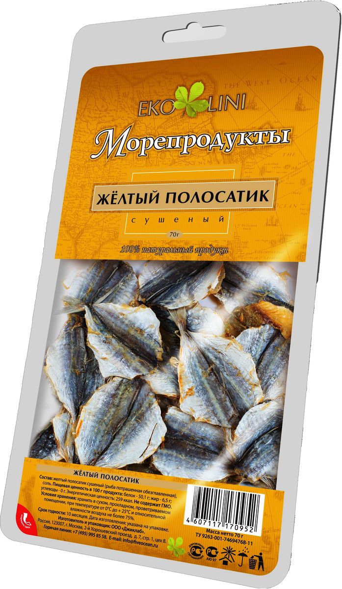 Ekolini желтый полосатик, 70 г00-00000618 Ekolini желтый полосатик, 70 г00-00000618Желтый полосатик является популярной излюбленной закуской к пенным слабоалкогольным напиткам благодаря своему приятному солоноватому вкусу. Отличная закуска на пикниках и компанейских посиделках, оттеняет горечь алкоголя.