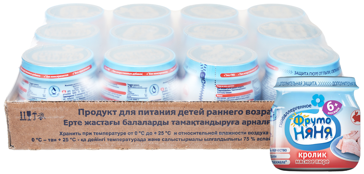 ФрутоНяня пюре из кролика с 6 месяцев, 12 шт по 80 гP070807 ФрутоНяня пюре из кролика с 6 месяцев, 12 шт по 80 гP070807Прекрасно подходит для начала мясного прикорма.Уважаемые клиенты! Обращаем ваше внимание, что полный перечень состава продукта представлен на дополнительном изображении.