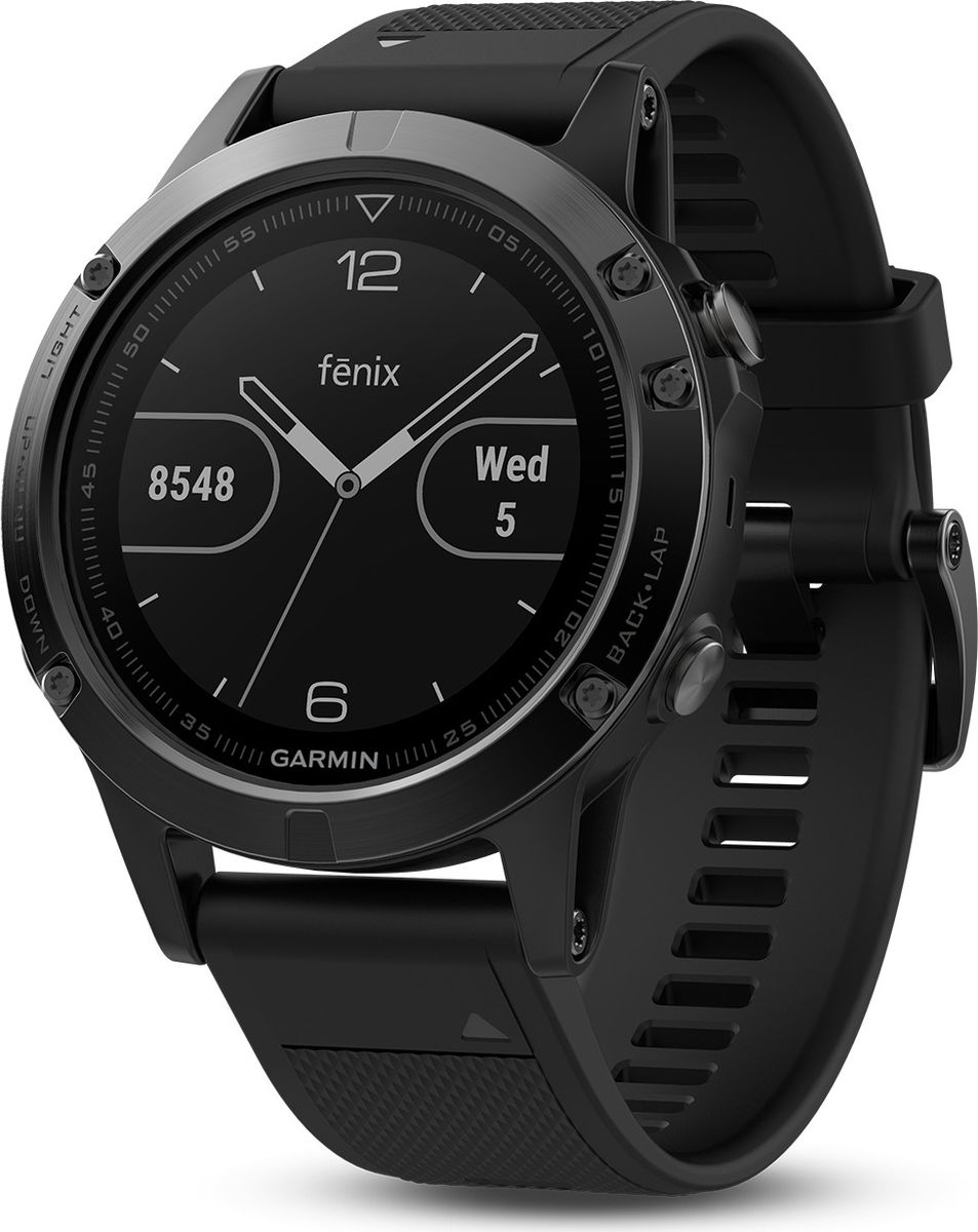 Часы спортивные Garmin Fenix 5, цвет: серый. 010-01688-00010-01688-00 Часы спортивные Garmin Fenix 5, цвет: серый. 010-01688-00010-01688-00Часы с GPS/ГЛОНАСС для повседневной жизни, приключений, фитнеса и спортаFenix 5 серые часы с черным ремешкомПремиум-часы с GPS/ГЛОНАСС, мультиспортивными тренировками и встроенным оптическим пульсометром Elevate1Созданы для активных приключений: прочный корпус со стальным безелем, кнопками и задней крышкой, защита от воды 100мВиджеты, которые показывают эффективность ход тренировок доступны одним касаниемСмарт функции2 - интеллектуальные оповещения, автоматическая загрузка в интернет-сообщество Garmin Connect и персонализация через загружаемые бесплатные циферблаты и приложения из магазина Connect IQВстроенные датчики: GPS и ГЛОНАСС, 3-х осевой магнитный компас, гироскоп, термометр, барометр и барометрический высотомерСрок работы от батареи: до двух недель в режиме умных часов (зависит от настроек), до 24 часов в режиме тренировки с GPS или до 60 часов в режиме экономии UltraTracСовершенствуйтесь весь день, каждый день. Fenix 5 - это высококачественные умные GPS-часы с мультиспортом, интеллектуальными уведомлениями2 и встроенным оптическим пульсометром на запястье1. Улучшенные функции фитнеса и быстросменные ремешки, которые позволяют вам уйти с рабочего места на тренировку, без задержек. Каким бы видом спорта вы не занимались, Fenix 5 его поддерживает, благодаря встроенным профилям деятельности и показателям производительности.Две системы навигацииFenix 5 оснащен улучшенным спутниковым приемником GPS и ГЛОНАСС для отслеживания местоположения в сложных условиях. Вы можете рассчитывать на длительное время автономной работы в каждом режиме работы (конкретное время зависит от модификации часов и настроек). Защита от воды 100м позволит вам с уверенностью путешествовать везде, где захочется.Отличная читаемость на ходуЯркий полноцветный дисплей Garmin Chroma Display со светодиодной подсветкой обеспечивает отличную читаемость при любых внешних условиях. Трансфлективная технология, которая одновременно отражает и передает свет, позволяет циферблату стать еще более читаемым при интенсивном солнечном свете. Версии Fenix sapphire отличаются наличием сапфирового стекла и Wi-Fi модуля, для автоматического подключения к домашней беспроводной сети и синхронизации тренировок сразу с Garmin Connect.Пульс на запястьеТехнология Elevate позволяет снимать данные о пульсе прямо с запястья без необходимости ношения нагрудного ремня. В дополнение к подсчету шагов и мониторингу сна, часы используют частоту сердечных сокращений, чтобы оценить количество сожженных калорий интенсивность ваших занятий фитнесом.Быстросменные ремешки подойдут к любому стилюШирокий выбор быстросменных ремешков QuickFit из кожи, металла или силикона позволяет легко сочетать или комбинировать стили с любым видом спорта или занятий. Для перестановки не нужно инструментов, просто оттяните защелку и поменяйте ремешки местами.Расширенные показатели эффективностиВ каждых часах Fenix 5 собраны сложные обучающие функции, которые помогают контролировать спортивную форму и показатели производительности. Улучшенная аналитика для статуса тренировки и тренировочного эффекта показывают аэробные и анаэробные значения вашей тренировки - так что вы можете видеть, эффективность ваших действий и даже сравнивать результаты с вашими сверстниками. Показатель VO2 max перерабатывает данные, включая вашу скорость бега, ударов в минуту и вариабельность сердечного ритма, чтобы оценить максимальный объем кислорода, который вы можете потреблять за минуту. Другие фитнес метрики включают советы восстановления с таймером восстановления и проверкой восстановления, плюс предсказатель гонки, который оценивает Ваше идеальное время окончания, основанное на Вашем текущем максимальном числе VO2.Продвинутая беговая динамикаТеперь можно анализировать еще больше беговых данных. Функции для тренировок совмещенные с продвинутыми физиологическими метриками и продвинутой беговой динамикой помогут вам улучшить вашу спортивную форму и общую эфф