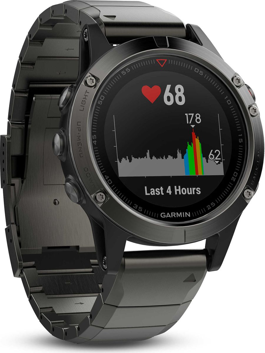 Часы спортивные Garmin Fenix 5 Sapphire, цвет: темно-серый010-01688-21 Часы спортивные Garmin Fenix 5 Sapphire, цвет: темно-серый010-01688-21Часы с GPS/ГЛОНАСС для повседневной жизни, приключений, фитнеса и спортаFenix 5 серые часы с металлическим браслетом, сапфировым стеклом и Wi-FiПремиум-часы с GPS/ГЛОНАСС, мультиспортивными тренировками и встроенным оптическим пульсометром Elevate1Созданы для активных приключений: прочный корпус со стальным безелем, кнопками и задней крышкой, защита от воды 100мВиджеты, которые показывают эффективность ход тренировок доступны одним касаниемСмарт функции2 - интеллектуальные оповещения, автоматическая загрузка в интернет-сообщество Garmin Connect и персонализация через загружаемые бесплатные циферблаты и приложения из магазина Connect IQВстроенные датчики: GPS и ГЛОНАСС, 3-х осевой магнитный компас, гироскоп, термометр, барометр и барометрический высотомерСрок работы от батареи: до двух недель в режиме умных часов (зависит от настроек), до 24 часов в режиме тренировки с GPS или до 60 часов в режиме экономии UltraTracСовершенствуйтесь весь день, каждый день. Fenix 5 - это высококачественные умные GPS-часы с мультиспортом, интеллектуальными уведомлениями2 и встроенным оптическим пульсометром на запястье1. Улучшенные функции фитнеса и быстросменные ремешки, которые позволяют вам уйти с рабочего места на тренировку, без задержек. Каким бы видом спорта вы не занимались, Fenix 5 его поддерживает, благодаря встроенным профилям деятельности и показателям производительности.Две системы навигацииFenix 5 оснащен улучшенным спутниковым приемником GPS и ГЛОНАСС для отслеживания местоположения в сложных условиях. Вы можете рассчитывать на длительное время автономной работы в каждом режиме работы (конкретное время зависит от модификации часов и настроек). Защита от воды 100м позволит вам с уверенностью путешествовать везде, где захочется.Отличная читаемость на ходуЯркий полноцветный дисплей Garmin Chroma Display со светодиодной подсветкой обеспечивает отличную читаемость при любых внешних условиях. Трансфлективная технология, которая одновременно отражает и передает свет, позволяет циферблату стать еще более читаемым при интенсивном солнечном свете. Версии Fenix sapphire отличаются наличием сапфирового стекла и Wi-Fi модуля, для автоматического подключения к домашней беспроводной сети и синхронизации тренировок сразу с Garmin Connect.Пульс на запястьеТехнология Elevate позволяет снимать данные о пульсе прямо с запястья без необходимости ношения нагрудного ремня. В дополнение к подсчету шагов и мониторингу сна, часы используют частоту сердечных сокращений, чтобы оценить количество сожженных калорий интенсивность ваших занятий фитнесом.Быстросменные ремешки подойдут к любому стилюШирокий выбор быстросменных ремешков QuickFit из кожи, металла или силикона позволяет легко сочетать или комбинировать стили с любым видом спорта или занятий. Для перестановки не нужно инструментов, просто оттяните защелку и поменяйте ремешки местами.Расширенные показатели эффективностиВ каждых часах Fenix 5 собраны сложные обучающие функции, которые помогают контролировать спортивную форму и показатели производительности. Улучшенная аналитика для статуса тренировки и тренировочного эффекта показывают аэробные и анаэробные значения вашей тренировки - так что вы можете видеть, эффективность ваших действий и даже сравнивать результаты с вашими сверстниками. Показатель VO2 max перерабатывает данные, включая вашу скорость бега, ударов в минуту и вариабельность сердечного ритма, чтобы оценить максимальный объем кислорода, который вы можете потреблять за минуту. Другие фитнес метрики включают советы восстановления с таймером восстановления и проверкой восстановления, плюс предсказатель гонки, который оценивает Ваше идеальное время окончания, основанное на Вашем текущем максимальном числе VO2.Продвинутая беговая динамикаТеперь можно анализировать еще больше беговых данных. Функции для тренировок совмещенные с продвинутыми физиологическими метриками и продвинутой беговой динамикой помогут вам улучши