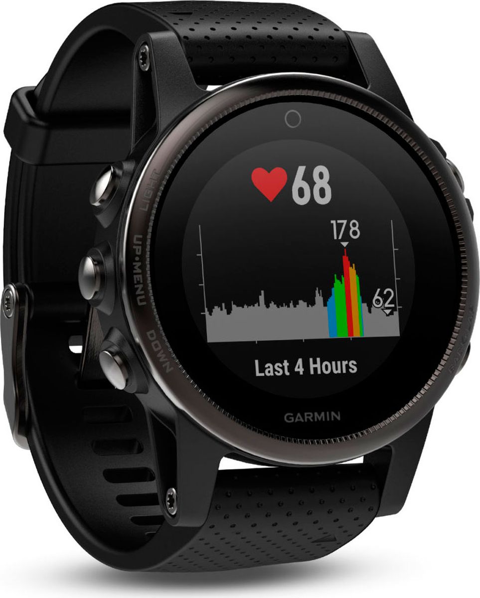 Часы спортивные Garmin Fenix 5S Sapphire, цвет: черный010-01685-11 Часы спортивные Garmin Fenix 5S Sapphire, цвет: черный010-01685-11Часы с GPS/ГЛОНАСС для повседневной жизни, приключений, фитнеса и спортаFenix 5S компактные часы (42мм) черные с черным ремешкомПремиум-часы с GPS/ГЛОНАСС, мультиспортивными тренировками и встроенным оптическим пульсометром Elevate1Созданы для активных приключений: прочный корпус со стальным безелем, кнопками и задней крышкой, защита от воды 100мВиджеты, которые показывают эффективность ход тренировок доступны одним касаниемСмарт функции2 - интеллектуальные оповещения, автоматическая загрузка в интернет-сообщество Garmin Connect и персонализация через загружаемые бесплатные циферблаты и приложения из магазина Connect IQВстроенные датчики: GPS и ГЛОНАСС, 3-х осевой магнитный компас, гироскоп, термометр, барометр и барометрический высотомерСрок работы от батареи: до двух недель в режиме умных часов (зависит от настроек), до 24 часов в режиме тренировки с GPS или до 60 часов в режиме экономии UltraTracСовершенствуйтесь весь день, каждый день. Fenix 5 - это высококачественные умные GPS-часы с мультиспортом, интеллектуальными уведомлениями2 и встроенным оптическим пульсометром на запястье1. Улучшенные функции фитнеса и быстросменные ремешки, которые позволяют вам уйти с рабочего места на тренировку, без задержек. Каким бы видом спорта вы не занимались, Fenix 5 его поддерживает, благодаря встроенным профилям деятельности и показателям производительности.Две системы навигацииFenix 5 оснащен улучшенным спутниковым приемником GPS и ГЛОНАСС для отслеживания местоположения в сложных условиях. Вы можете рассчитывать на длительное время автономной работы в каждом режиме работы (конкретное время зависит от модификации часов и настроек). Защита от воды 100м позволит вам с уверенностью путешествовать везде, где захочется.Отличная читаемость на ходуЯркий полноцветный дисплей Garmin Chroma Display со светодиодной подсветкой обеспечивает отличную читаемость при любых внешних условиях. Трансфлективная технология, которая одновременно отражает и передает свет, позволяет циферблату стать еще более читаемым при интенсивном солнечном свете. Версии Fenix sapphire отличаются наличием сапфирового стекла и Wi-Fi модуля, для автоматического подключения к домашней беспроводной сети и синхронизации тренировок сразу с Garmin Connect.Пульс на запястьеТехнология Elevate позволяет снимать данные о пульсе прямо с запястья без необходимости ношения нагрудного ремня. В дополнение к подсчету шагов и мониторингу сна, часы используют частоту сердечных сокращений, чтобы оценить количество сожженных калорий интенсивность ваших занятий фитнесом.Быстросменные ремешки подойдут к любому стилюШирокий выбор быстросменных ремешков QuickFit из кожи, металла или силикона позволяет легко сочетать или комбинировать стили с любым видом спорта или занятий. Для перестановки не нужно инструментов, просто оттяните защелку и поменяйте ремешки местами.Расширенные показатели эффективностиВ каждых часах Fenix 5 собраны сложные обучающие функции, которые помогают контролировать спортивную форму и показатели производительности. Улучшенная аналитика для статуса тренировки и тренировочного эффекта показывают аэробные и анаэробные значения вашей тренировки - так что вы можете видеть, эффективность ваших действий и даже сравнивать результаты с вашими сверстниками. Показатель VO2 max перерабатывает данные, включая вашу скорость бега, ударов в минуту и вариабельность сердечного ритма, чтобы оценить максимальный объем кислорода, который вы можете потреблять за минуту. Другие фитнес метрики включают советы восстановления с таймером восстановления и проверкой восстановления, плюс предсказатель гонки, который оценивает Ваше идеальное время окончания, основанное на Вашем текущем максимальном числе VO2.Продвинутая беговая динамикаТеперь можно анализировать еще больше беговых данных. Функции для тренировок совмещенные с продвинутыми физиологическими метриками и продвинутой беговой динамикой помогут вам улучшить вашу спортивн