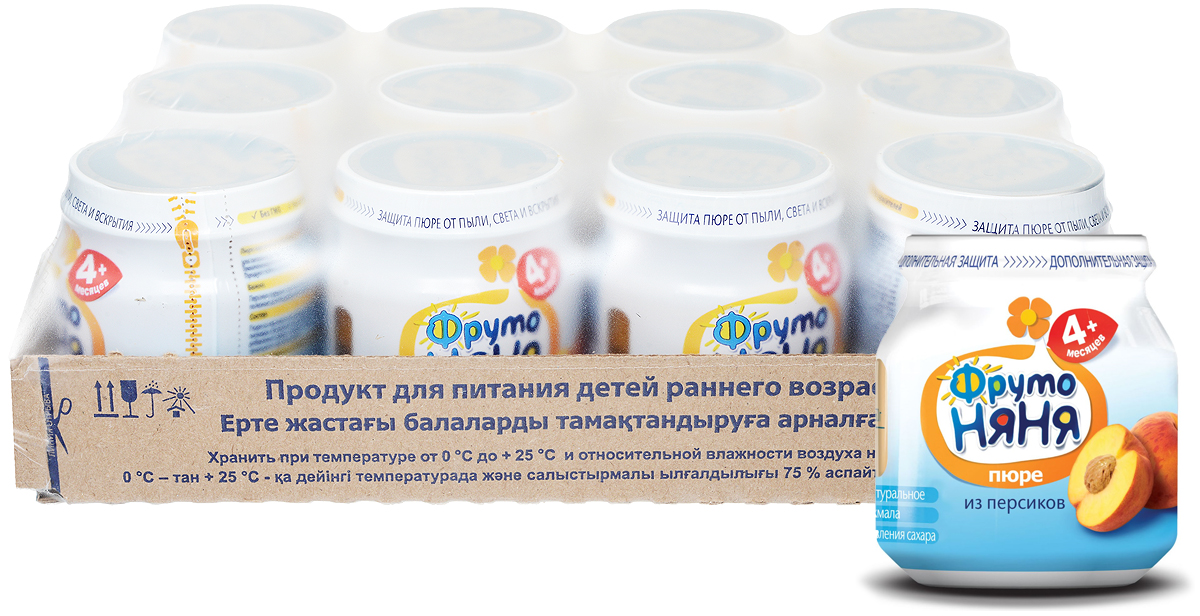 ФрутоНяня пюре из персиков с 4 месяцев, 12 шт по 100 гP071155 ФрутоНяня пюре из персиков с 4 месяцев, 12 шт по 100 гP071155Фруктовые пюре ФрутоНяня с различными комбинациями фруктов порадуют целой палитрой новых вкусов и разнообразят рацион питания малыша.Персики содержат органические кислоты, полезные для пищеварения ребенка.Уважаемые клиенты! Обращаем ваше внимание, что полный перечень состава продукта представлен на дополнительном изображении.