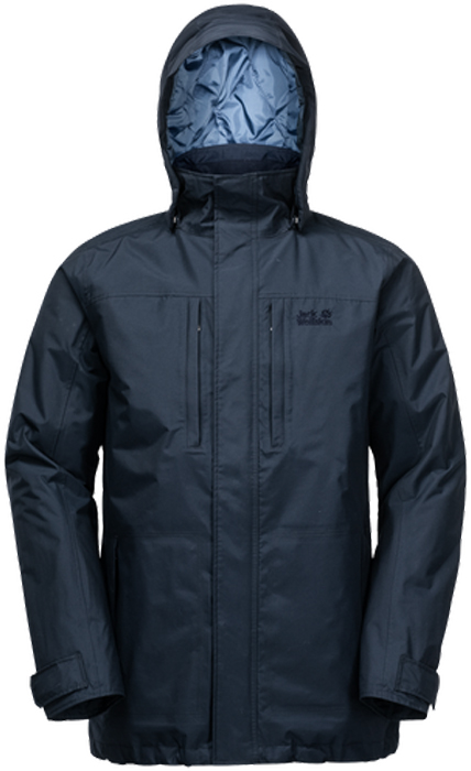 Куртка мужская Jack Wolfskin Westpoint Island, цвет: темно-синий. 1107702-1010. Размер XL (52)1107702-1010 Куртка мужская Jack Wolfskin Westpoint Island, цвет: темно-синий. 1107702-1010. Размер XL (52)1107702-1010Водонепроницаемая, ветроустойчивая куртка с утеплителем и отстегивающимся капюшоном Jack Wolfskin Westpoint Island обеспечит вам надежное тепло для холодных дней. Модель прямого кроя с воротником-стойкой, надежно защищающим от ветра, и съемным капюшоном с возможностью регулировать внутренний объем и область обзора застегивается на молнию с ветрозащитной планкой на кнопках и дополнена 2 карманами на бедрах, 2 нагрудными карманами и внутренним карманом. На манжетах рукавов имеются хлястики на кнопках для регулировки объема. Ясное, солнечное, свежее зимнее утро, или дождливый и прохладный осенний день - вы сможете наслаждаться прогулками на свежем воздухе вне зависимости от погоды. Именно для этого и создана куртка Westpoint Island. Потому что эта куртка надежно защитит вас от дождя, снега и холода.Наружный материал куртки Texapore Taslan 2L: прочная, водонепроницаемая и дышащая наружная ткань с отделкой, похожей на хлопок (водостойкость в мм водяного столба: 10 000 мм, паропроницаемость (MVTR): > 6000 г/м2/24 ч). Для того, чтобы дольше сохранять тепло, куртка Westpoint содержит утеплитель Polyfiber Fill (100 г/м2) - синтетический утеплитель со средним уровнем теплоизоляции. Это надежный, легкий утеплитель, абсолютно нечувствительный к влаге.