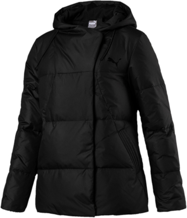 Пуховик женский Puma Style 480 HD Down Jacket, цвет: черный. 59242401. Размер L (46/48)59242401 Пуховик женский Puma Style 480 HD Down Jacket, цвет: черный. 59242401. Размер L (46/48)59242401Модель декорирована глянцевым логотипом и другой фирменной символикой Puma, нанесенными методом пигментной печати. Она изготовлена с использованием высокофункциональной технологии WarmCell, которая благодаря дышащим свойствам материала удерживает тепло и сохраняет оптимальную температуру вашего тела даже в холодную погоду. В качестве застежки применяются скрытые кнопки. Внутренняя часть манжет и подол изнутри отделаны эластичным материалом. Подол удлинен сзади и надежно защищает поясницу. На изнанке имеется петля для вешалки и висячий ярлык с указанием состава наполнителя. Изделие имеет удобную стандартную посадку.