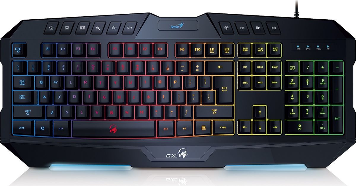 Genius Scorpion K20, Black клавиатура игровая31310471102 Genius Scorpion K20, Black клавиатура игровая31310471102Не нужно нажимать одну и ту же клавишу много раз для многократного выполнения команд. Игровая клавиатура Scorpion K20 позволяет выбирать частоту повтора (21, 30 или 62 символов в секунду) нажатием кнопок FN + F1, F2 или F3. 4типа подсветки с использованием семи цветов: полная светодиодная (100 %), полная светодиодная (60 %), полная светодиодная (легкая). Клавиатура полностью подсвечивается регулируемыми синими светодиодами, так что вы сможете играть при любом освещении. 10 мультимедийных функциональных клавиш, драйвер не требуется. Возможность одновременного нажатия до 26 клавиш для идеального управления в игре. Благодаря специальной конструкции клавиши стали еще прочнее, мягко нажимаются, четче реагируют на нажатия и дают отличную тактильную отдачу.