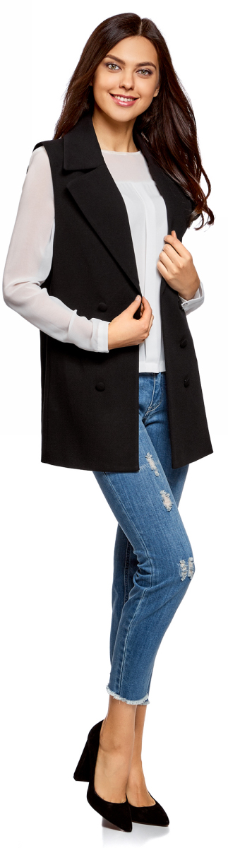 Жилет женский oodji Collection, цвет: черный. 22305001-1B/31291/2900N. Размер 36-170 (42-170)22305001-1B/31291/2900N Жилет женский oodji Collection, цвет: черный. 22305001-1B/31291/2900N. Размер 36-170 (42-170)22305001-1B/31291/2900NЭлегантный удлиненный жилет приталенного кроя. По крою жилет похож на классический удлиненный жакет с объемными лацканами, только без рукавов. Жилет отлично сидит на фигуре, визуально формируя силуэт. Эффектный жилет идеально подойдет для создания стильных деловых образов. В таком жилете можно пойти на работу, деловой ужин, официальную встречу. Он завершит ваш наряд в прохладную погоду. Это прекрасная замена надоевшему жакету или тренчу. Жилет красиво смотрится с классическими прямыми или зауженными брюками со стрелками и обувью на высоком каблуке. Под жилет можно надеть блузку, рубашку или любое тонкое трикотажное изделие с длинным рукавом. Изысканный и стильный жилет поможет вам разнообразить ежедневный гардероб.