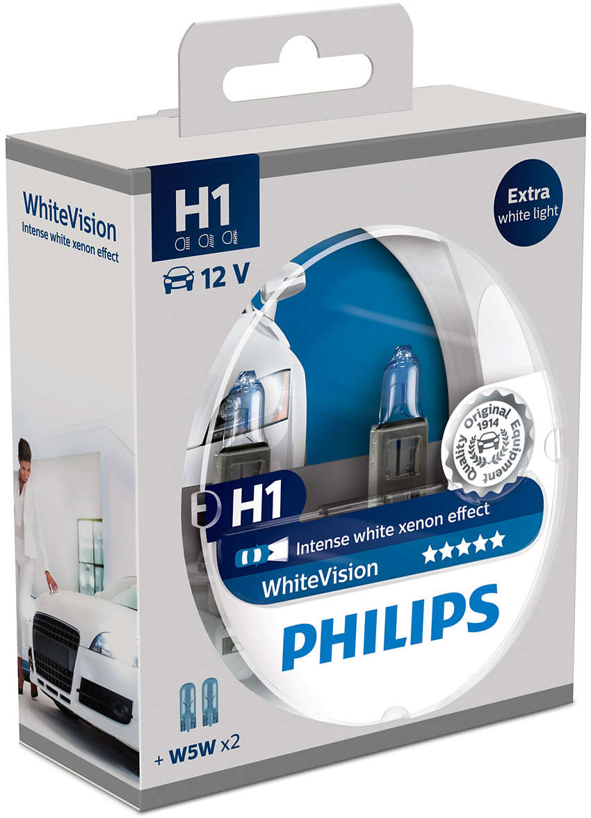 Лампа автомобильная галогенная Philips WhiteVision, для фар, цоколь H1 (P14.5s), 12V, 55W, 2 шт + цоколь W5W, 12V, 5W, 2 шт12258WHVSM Лампа автомобильная галогенная Philips WhiteVision, для фар, цоколь H1 (P14.5s), 12V, 55W, 2 шт + цоколь W5W, 12V, 5W, 2 шт12258WHVSMГалогенная лампа для автомобильных фар Philips WhiteVision произведена из запатентованного кварцевого стекла с УФ фильтром Philips Quartz Glass. Кварцевое стекло Philips в отличие от обычного твердого стекла выдерживает гораздо большее давление смеси газов внутри колбы, что препятствует быстрому испарению вольфрама с нити накаливания. Кварцевое стекло выдерживает большой перепад температур, при попадании влаги на работающую лампу изделие не взрывается и продолжает работать. Лампы Philips WhiteVision излучают интенсивный белый свет с ксеноновым эффектом, что создает идеальные условия для вождения в ночное время. Благодаря повышенной яркости и цветовой температуре до 3700К лампы мгновенно рассеивают темноту: яркость чистого белого света увеличена на 40%. Повышенный уровень безопасности: более длинный световой пучок и на 60% больше света. Это обеспечивает лучшую видимость на дороге и позволяет предотвращать потенциально аварийные ситуации. Обладая цветовой температурой ксеноновых ламп и стильным белым цоколем, лампы WhiteVision идеально подходят для головного освещения.Автомобильные галогенные лампы Philips удовлетворят все нужды автомобилистов: дальний свет, ближний свет, передние противотуманные фары, передние и боковые указатели поворота, задние указатели поворота, стоп-сигналы, фонари заднего хода, задние противотуманные фонари, освещение номерного знака, задние габаритные/стояночные фонари, освещение салона.