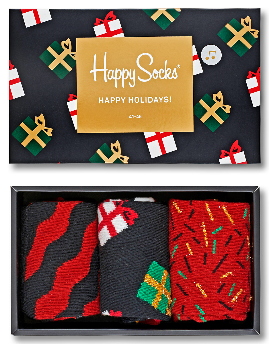 Комплект носков Happy socks, цвет: черный, красный. XMAS08. Размер 25XMAS08 Комплект носков Happy socks, цвет: черный, красный. XMAS08. Размер 25XMAS08Яркие носки Big Bang Socks выполнены из высококачественного хлопка с добавлением полиамида и эластана, которые обеспечивают отличную посадку. В комплект входит три пары разноцветных носков с разными принтами. Модель оснащена эластичной резинкой, которая плотно облегает ногу, не сдавливая ее, обеспечивает удобство. Комплект упакован в фирменную коробку.