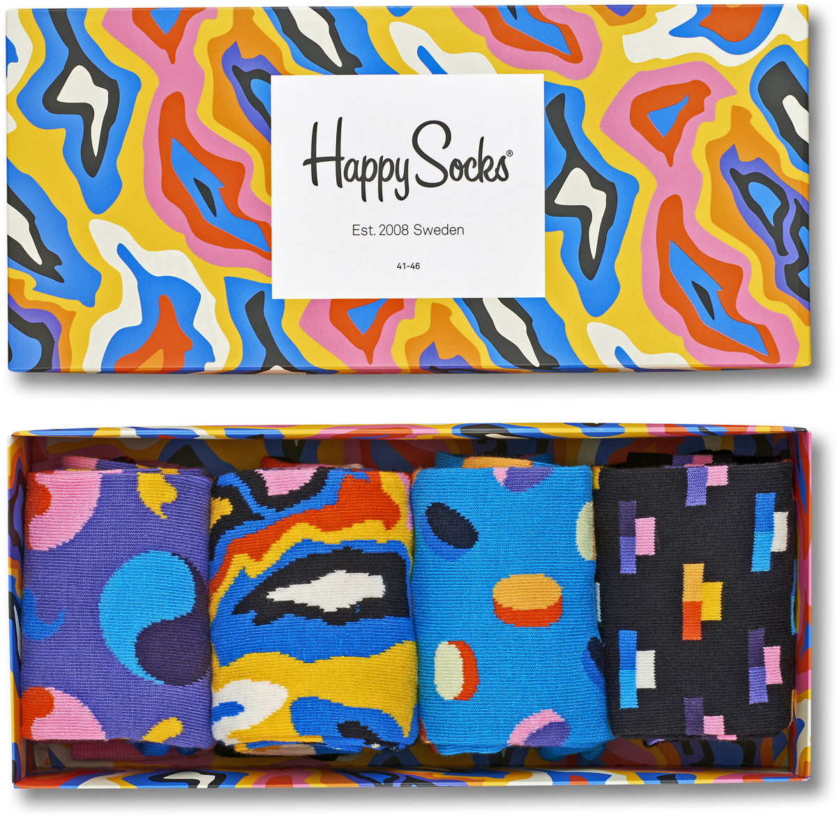 Комплект носков Happy socks, цвет: мультиколор. XPOP09. Размер 29XPOP09 Комплект носков Happy socks, цвет: мультиколор. XPOP09. Размер 29XPOP09Яркие носки Big Bang Socks выполнены из высококачественного хлопка с добавлением полиамида и эластана, которые обеспечивают отличную посадку. В комплект входит четыре пары разноцветных носков с разными принтами. Модель оснащена эластичной резинкой, которая плотно облегает ногу, не сдавливая ее, обеспечивает удобство. Комплект упакован в фирменную коробку.