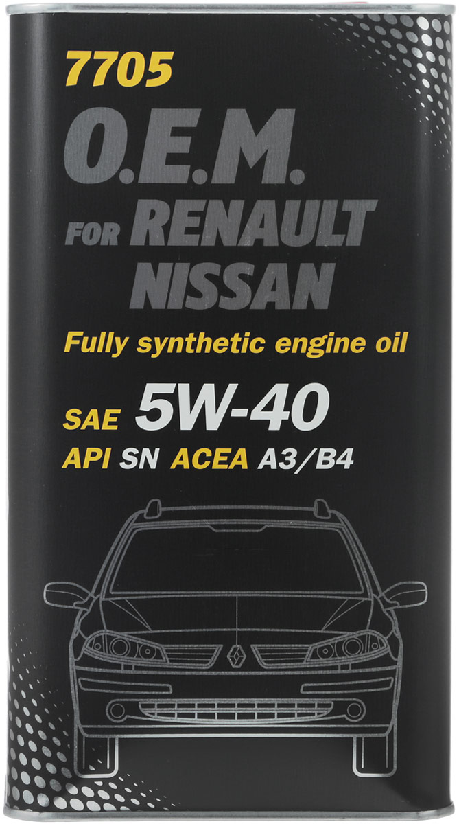 Моторное масло MANNOL 7705 O.E.M., для Renault и Nissan, класс вязкости 5W-40, синтетическое, 4 л4040 Моторное масло MANNOL 7705 O.E.M., для Renault и Nissan, класс вязкости 5W-40, синтетическое, 4 л4040MANNOL 7705 O.E.M. - синтетическое моторное масло нового поколения,предназначенное для двигателей легковых автомобилей Renault и Nissan. Разработаноспециально для бензиновых и дизельных двигателей (без DPF) с системами непосредственноговпрыска, с турбонаддувом или без него. Обладает высокими антиокислительными свойствами ипревосходными моюще-диспергирующими характеристиками, что предупреждает образованиеотложений на деталях двигателя. Обеспечивает легкий пуск двигателя при низких температурах.Применимо при любых условиях эксплуатации (езда по городу, автостраде и автомагистрали), втом числе и в экстремальных условиях. Создано специально для выполнения требованийпроизводителей двигателей Renault/Nissan по увеличению интервалов замены масла.Спецификация: SAE 5W-40 API SN/CF ACEA A3/B4 MB 229.3 PORSCHE A40 VW 502.00/505.00 OPEL GM-LL-A/B-025 RENAULT RN 0700/0710 NISSAN/INFINITIТовар сертифицирован.