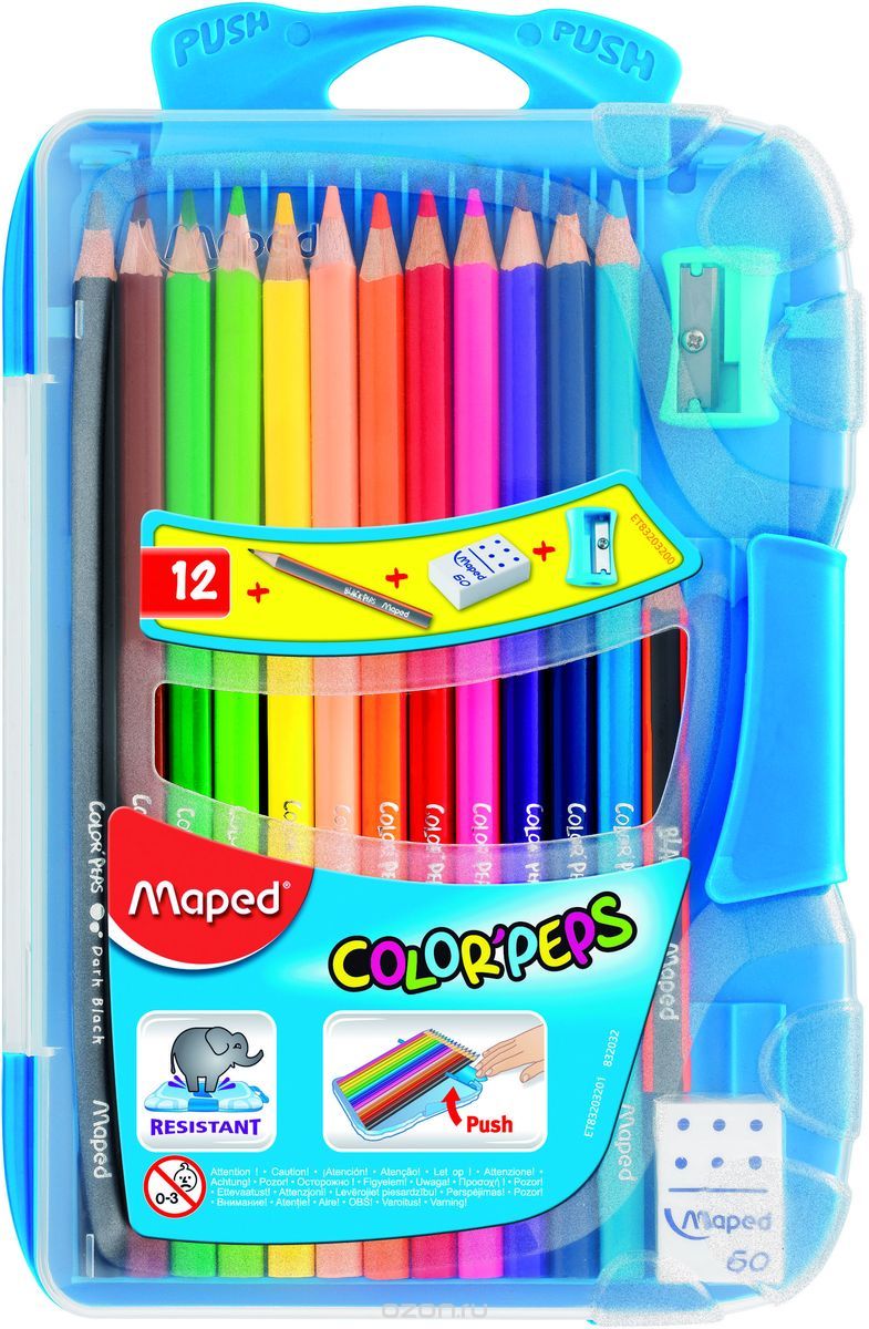 Maped Набор цветных карандашей Colorpeps 12 цветов с ластиком и точилкой цвет пенала голубой832032 Maped Набор цветных карандашей Colorpeps 12 цветов с ластиком и точилкой цвет пенала голубой832032Набор цветных карандашей Maped Colorpeps поможет создать чудные картины вашему юному художнику.Карандаши изготовлены из древесины американской липы. Мягкий грифель карандаша легко рисует на бумаге и не царапает ее, устойчив к механическим деформациям и легко затачивается. Трехгранный корпус изготовлен из натуральной древесины и покрыт лаком на водной основе.В набор входят 12 цветных карандашей. С таким набором будет интересно рисовать не только вашему малышу, но и вам.