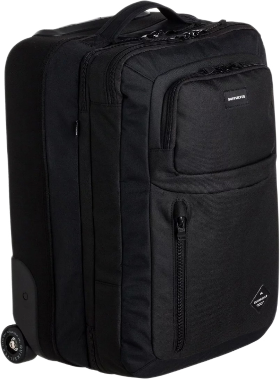 Чемодан мужской Quiksilver, цвет: черный, антрацитовый. EQYBL03075-BLKEQYBL03075-BLK Чемодан мужской Quiksilver, цвет: черный, антрацитовый. EQYBL03075-BLKEQYBL03075-BLKМужской чемодан Quiksilver изготовлен из прочного полиэстера 600D + материал Cordura. Внутри два основных отделения (конструкция сэндвич). Предусмотрено отделение для ноутбука (с диагональю до 15 дюймов) с уплотненными стенками идополнительные карманы.Модель оснащена плотной набивной малой ручкой для переноски и скейтовыми колесами, также есть выдвижная (телескопическая) ручка. На лицевой стороне нашивка из термопластичного каучука с трафаретным принтом. Чемодан подходит для использования в качестве ручной клади. Легкое формованное основание.