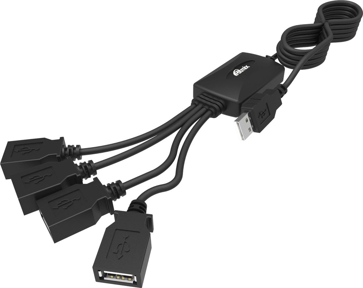 Ritmix CR-2405, Black USB-концентратор15119259 Ritmix CR-2405, Black USB-концентратор15119259Разветвитель USB (USB хаб) настольный, кабель 1м, на 4 порта USB, High speed USB 2.0, Plug-n-Play, питание от USB, 5В, скорость до 480 Мбит/с, поддержка Winows 2000, XP, Vista, 7, 8, Me, Mac OS 9.1 и выше, Linux 2.4.2