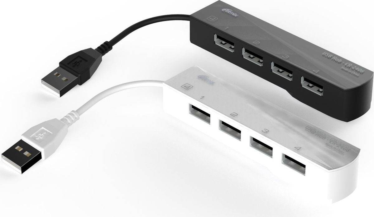 Ritmix CR-2406, Black USB-концентратор15119260 Ritmix CR-2406, Black USB-концентратор15119260Разветвитель USB (USB хаб) настольный, кабель, на 4 порта USB, High speed USB 2.0, Plug-n-Play, питание от USB, 5В, скорость до 480 Мбит/с, поддержка Winows 2000, XP, Vista, 7, 8, Me, Mac OS 9.1 и выше, Linux 2.4.2