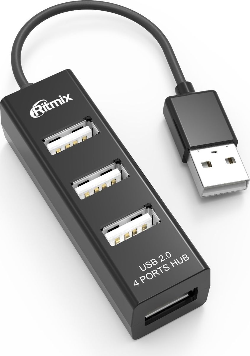 Ritmix CR-2402, Black USB-концентратор15119265 Ritmix CR-2402, Black USB-концентратор15119265Разветвитель USB (USB хаб) настольный, кабель, на 4 порта USB, High speed USB 2.0, Plug-n-Play, питание от USB, 5В, скорость до 480 Мбит/с, поддержка Winows 2000, XP, Vista, 7, 8, Me, Mac OS 9.1 и выше, Linux 2.4.2