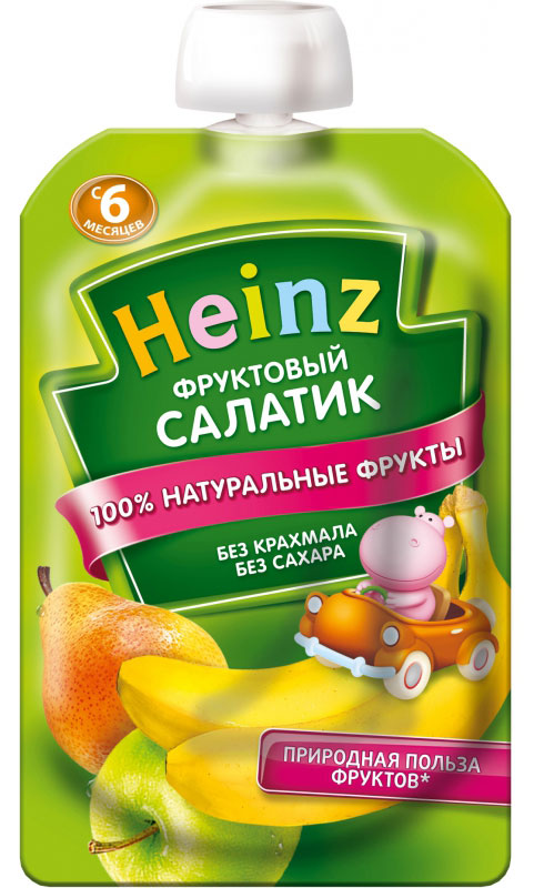Heinz пюре фруктовый салатик, с 6 месяцев, 100 г (пауч)76003494 Heinz пюре фруктовый салатик, с 6 месяцев, 100 г (пауч)76003494Продукт готов к употреблению. Откройте крышку и кормите с ложечки. Более взрослые дети могут употреблять продукт непосредственно из упаковки. Если продукт необходимо разогреть, поместите упаковку в теплую воду. Не разогревать в микроволновой печи.