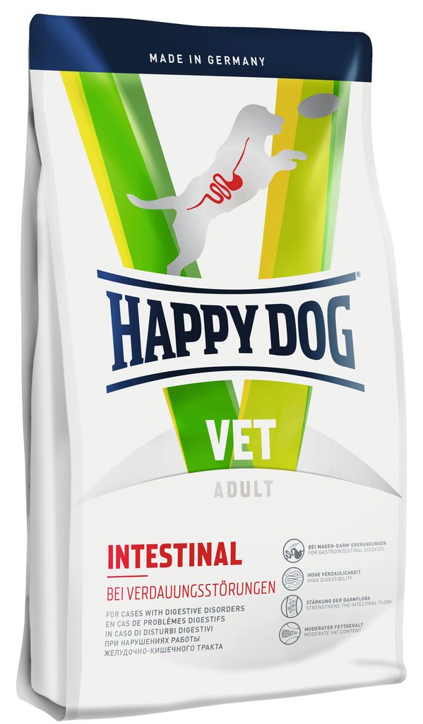 Корм сухой Happy Dog Intestinal для собак с чувствительным пищеварением, 1 кг60359 Корм сухой Happy Dog Intestinal для собак с чувствительным пищеварением, 1 кг60359Сухой корм Happy Dog Intestinalприменяется при острых и хронических нарушениях работы желудочно – кишечного тракта. Благодаря высокой усвояемости и пониженному количеству жиров снижается нагрузка на желудочно-кишечный тракт. Ценные диетические волокна способствуют росту оптимальной кишечной микрофлоры и стабилизируют консистенцию кала, связывая воду. Ромашка и кориандр, входящие в состав формулы Natural Life Concept, традиционно используются в качестве добавок и в классической терапии желудочно – кишечных заболеваний.Особенности:Улучшенное усвоение питательных веществ Высокая переваримость Стабилизация стула и поддержание кишечной микрофлоры за счет диетической клетчатки (12%) Умеренное количество жира (для собак) / углеводов (для кошек) для снижения нагрузки на пищеварительный тракт Без глютена и без злаков.