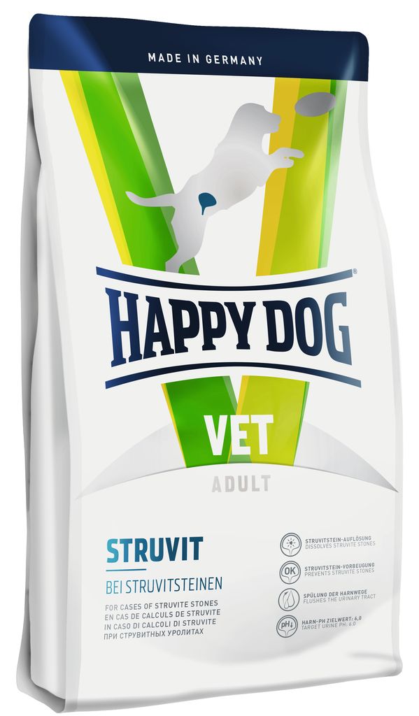 Корм сухой Happy Dog Struvit для собак, 12,5 кг60373 Корм сухой Happy Dog Struvit для собак, 12,5 кг60373Сухой корм Happy Dog Struvit применяется для растворения струвитных уролитов. В профилактических целях рекомендуется комбинация с полноценным кормом Happy Dog. Этот диетический корм отличается особенно высоким качеством белков, а также пониженным содержанием магния и фосфора и способствует значительному снижению уровня рН мочи. Умеренно повышение уровня натрия приводит к появлению жажды, тем самым стимулируя повышенное потребление воды и как следствие усиление диуреза. Листья березы и крапива, входящие в состав формулы Natural Life Concept, традиционно используются в качестве добавок при классическом лечении мочевыводящих путей.