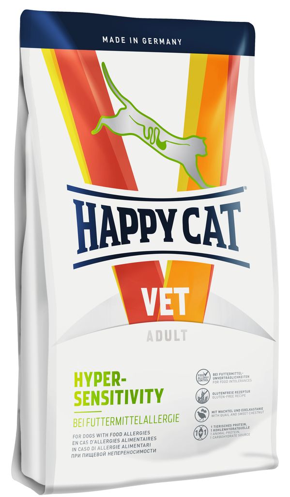 Корм сухой Happy Cat Hypersensitivity для кошек с пищевой аллергией, 1,4 кг70310 Корм сухой Happy Cat Hypersensitivity для кошек с пищевой аллергией, 1,4 кг70310Сухой корм Happy Cat Hypersensitivity создан для взрослых с пищевой непереносимостью. Этот диетический полнорационный корм применяется при аллергии на корм или непереносимости к корму. В его состав входит легко усваиваемый картофель и эксклюзивные ингредиенты - перепел и съедобный каштан. Безглютеновая рецептура отличается превосходной усваиваемостью, корм очень нравится кошкам, может использоваться при элиминационной диете. Состав: каштан (40,5%), белок из перепела (30%), картофельный белок, подсолнечное масло, гидролизат печени ( 10000 D), лигноцеллюлоза, рапсовое масло, морская соль в сушеном виде. Аналитические компоненты: сырой протеин 33,5%, сырой жир 16%, сырая клетчатка 3,0%, сырая зола 5,5%, кальций 1,0% натрий 0,6%, калий 0,7%, магний 0,09%, фосфор 0,7%, хлориды 1,0%, сера 0,4%, омега-6-жирные кислоты 5,0%, омега-3-жирные кислоты 0,5%.Товар сертифицирован.