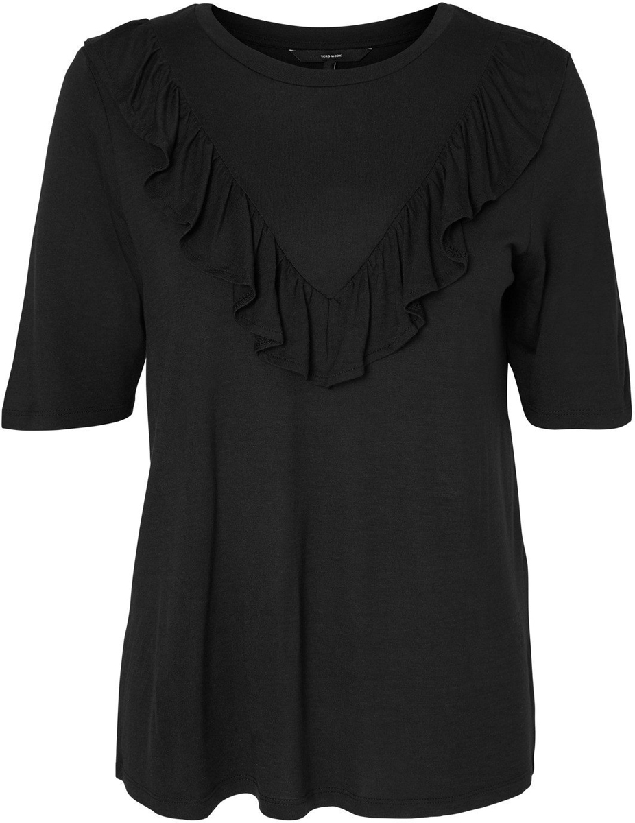 Блузка женская Vero Moda, цвет: черный. 10183686_Black. Размер S (42/44)10183686_Black Блузка женская Vero Moda, цвет: черный. 10183686_Black. Размер S (42/44)10183686_BlackБлузка женская Vero Moda с короткими рукавами и круглым вырезом горловины спереди оформлена оборкой.