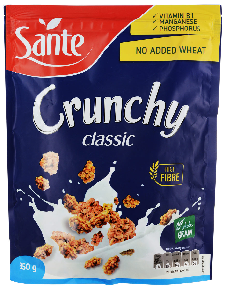 Sante Crunchy хрустящие овсяные хлопья классические, 350 г5900617002228 Sante Crunchy хрустящие овсяные хлопья классические, 350 г5900617002228Хрустящие овсяные хлопья Sante Crunchy - питательная смесь хрустящих, золотистых, нежно обжаренных овсяных хлопьев.Продукт обеспечивает сбалансированное питание за счет полезных ингредиентов: белок, клетчатка, растительные жиры с высоким содержанием полезных жирных кислот, витаминов, микро- и макроэлементов, которые помогают поддерживать энергию и тонус в течение всего дня.Основной элемент Crunchy - это цельнозерновой овес, который имеет более высокую питательную ценность по сравнению с другими злаками, такими как пшеница и рожь.Зерно овса богато белком, незаменимыми аминокислотами (особенно лизином, который отсутствует в других зерновых). Содержание фосфора, меди и фолиевой кислоты способствуют укреплению костей и зубов. Медь также улучшает процесс обмена веществ. А фолиевая кислота способствует правильному функционированию иммунной системы.Уважаемые клиенты! Обращаем ваше внимание, что полный перечень состава продукта представлен на дополнительном изображении.