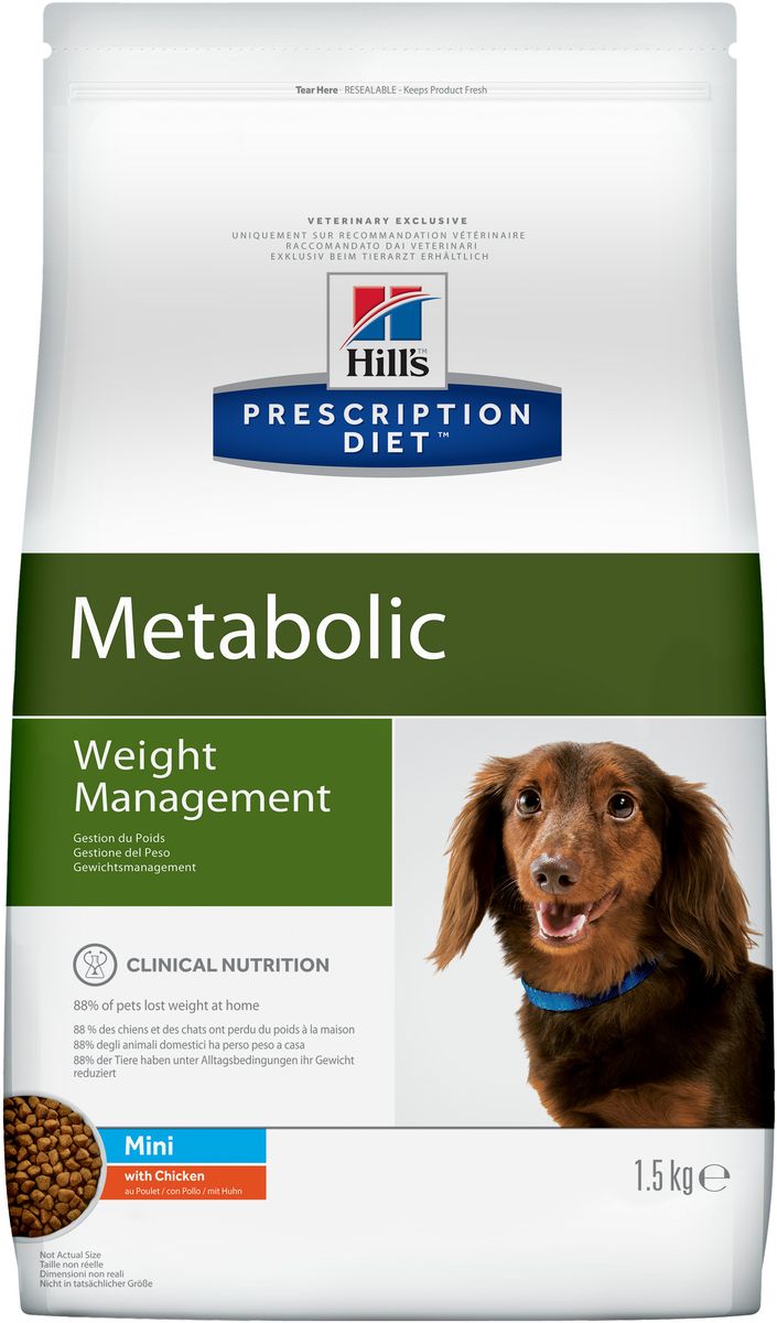 Корм сухой диетический Hills Metabolic для собак мелких пород, для коррекции веса, с курицей, 1,5 кг39111_новый дизайн/3353U Корм сухой диетический Hills Metabolic для собак мелких пород, для коррекции веса, с курицей, 1,5 кг39111_новый дизайн/3353UСухой диетический корм Hills Metabolic - полноценный диетический рацион для собак мелких пород, предназначенный для снижения избыточной массы тела и поддержания оптимального веса. Данный рацион обладает пониженной энергетической ценностью. Рацион для снижения и поддержания веса позволяет избежать повторного набора веса после прохождения программы по снижению веса.- Клинически доказанное снижение жировой массы на 28%.- Отличный вкус понравится вашему питомцу.Состав: злаки, производные растительного происхождения, мясо и производные животного происхождения, экстракты растительного белка, овощи, масла и жиры, семена, фрукты, минералы.Анализ: белок 26%, жир 11,3%, клетчатка 13,3%, зола 5,7%, кальций 0,84%, фосфор 0,62%, натрий 0,33%, калий 0,74%, магний 0,12%; на кг: витамин Е 657 мг, витамин С 122 мг, бета-каротин 2 мг.Добавки на кг: Е672 (витамин А) 27360 МЕ, Е671 (витамин D3) 1610 МЕ, Е1 (железо) 229 мг, Е2 (йод) 3,4 мг, Е4 (медь) 29 мг, Е5 (марганец) 114 мг, Е6 (цинк) 194 мг, Е8 (селен) 0,5 мг, с натуральным консервантом и натуральными антиоксидантами.Метаболическая энергия (рассчитываемая): 13 МДж на кг.Товар сертифицирован.