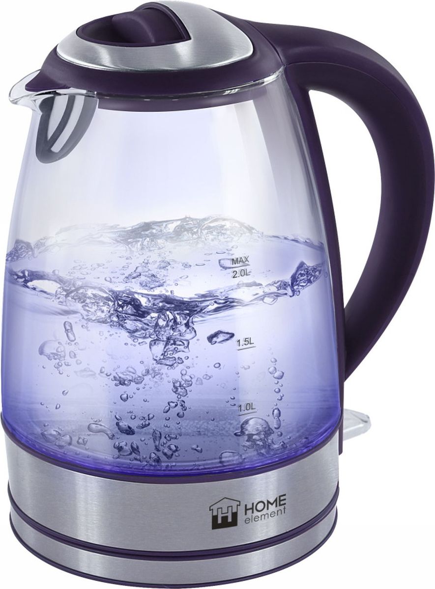 Home Element HE-KT163, Dark Topaz чайник электрическийHE-KT163 топаз Home Element HE-KT163, Dark Topaz чайник электрическийHE-KT163 топазЛегкий и прочный стеклянный чайник Home Element HE-KT163 с голубой внутренней подсветкой в стильном прозрачном корпусе из закаленного стекла.Качественное стекло сохраняет природный вкус и все натуральные свойства воды, не выделяя примесей.Двухлитровый чайник имеет повышенную мощность 2.2 кВт для самого быстрого закипания воды и закрытый нагревательный элемент для противостояния накипи и легкости ухода.Вращение чайника на базе обеспечивает простой доступ к его ручке с любой стороны без опасности обжечься, а многоуровневая система защиты автоматически отключит чайник при готовности кипятка или при недостаточном количестве воды.Светодиодная подсветка дарит прекрасное настроение игрой света в пузырьках закипающей воды.