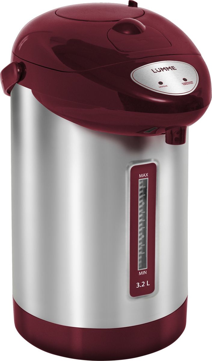 Lumme LU-296, Red Garnet термопотLU-296 гранат Lumme LU-296, Red Garnet термопотLU-296 гранат3,2-литровый термопот Lumme LU-296 с ручным насосом для безопасной подачи кипятка.Два режима работы – автокипячение и поддержание температуры позволяют использовать термопот с наименьшими энергозатратами, при этом теплая вода или кипяток остаются всегда под рукой.Благодаря корпусу из высококачественной пищевой нержавеющей стали и закрытому нагревательному элементу термопот обладает значительной прочностью и экологически чист - нержавеющая сталь не имеет запаха и сохраняет природные натуральные свойства воды.Шкала уровня воды на корпусе позволяет легко определить необходимость наполнения термопота водой, а LED-индикаторы режимов работы – проконтролировать его состояние.Термопот оснащен такими функциями безопасности как автоматическое отключение при закипании и отключение при недостаточном количестве воды.Плоское дно термопота с закрытым нагревательным элементом очень функционально – легко моется, противостоит накипи, не ржавеет, не подвержено коррозии, а значит, обеспечивает термопоту максимально долгий срок службы.