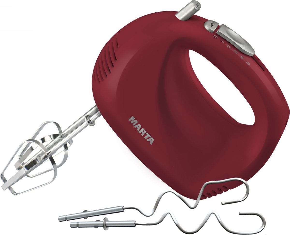 Marta MT-1508, Red Garnet миксерMT-1508 гранат Marta MT-1508, Red Garnet миксерMT-1508 гранатКомпактный миксер Marta MT-1508 с комплектом насадок подходят для смешивания жидкостей, замешивания теста, взбивания яиц или крема, приготовления пюре. Миксер удобен и прост в использовании, имеет эргономичный дизайн корпуса, выполненного из высококачественного пластика. 5 скоростных режимов и дополнительная функция ТУРБО позволят выбрать оптимальную скорость вращения насадок для любого продукта. Кнопка извлечения насадок упрощает уход за миксером после окончания работы. Миксер производится в пяти цветах корпуса и легко впишется в дизайн любой кухни, не занимая много места, но при этом оставаясь всегда под рукой.