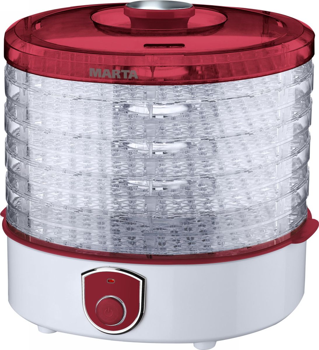 Marta MT-1950, Red Ruby сушилка для фруктов и овощейMT-1950 рубин Marta MT-1950, Red Ruby сушилка для фруктов и овощейMT-1950 рубин250W 5 регулируемых по высоте съемных секций, объем 11л, Температура сушки ~ 60°С, встроенный вентилятор, индикатор работы, подходит для сушки овощей, фруктов, орехов, приготовления вяленого мяса, рыбы