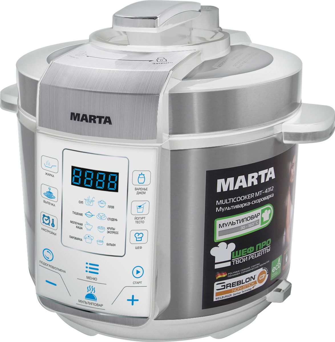 Marta MT-4312, White Silver мультиваркаMT-4312 бел/сталь Marta MT-4312, White Silver мультиваркаMT-4312 бел/сталь900 W, работа под давлением и без, сталь, толстостенная чаша 5 л, Greblon C3+ трехслойное полимер-керамическое покрытие, 30 программ (14 автоматических, 16 ручных), МУЛЬТИПОВАР, ШЕФ, ШЕФ ПРО (память программ пользователя), сенсорное управление, 200 рецепт