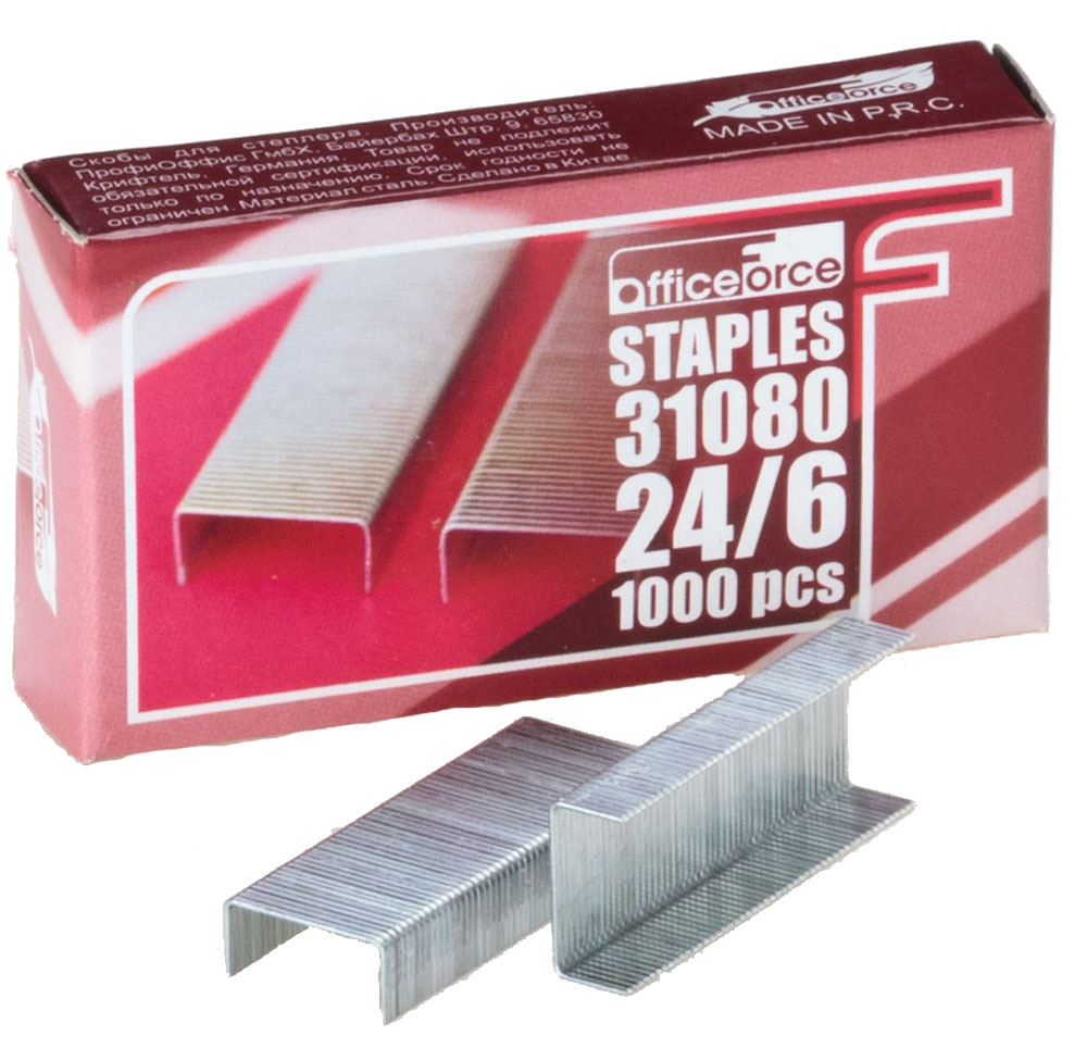 Office Force Stationery Скобы для степлера до 30 листов 3108031080 Office Force Stationery Скобы для степлера до 30 листов 3108031080Скобы для степлеров Office Force. Изготовлены из качественного металла, не гнутся при пробивании листа. Размер - №24/6, скрепляют до 30 листов, 1000 шт/уп. Размер скобы - 12,8х6 мм.