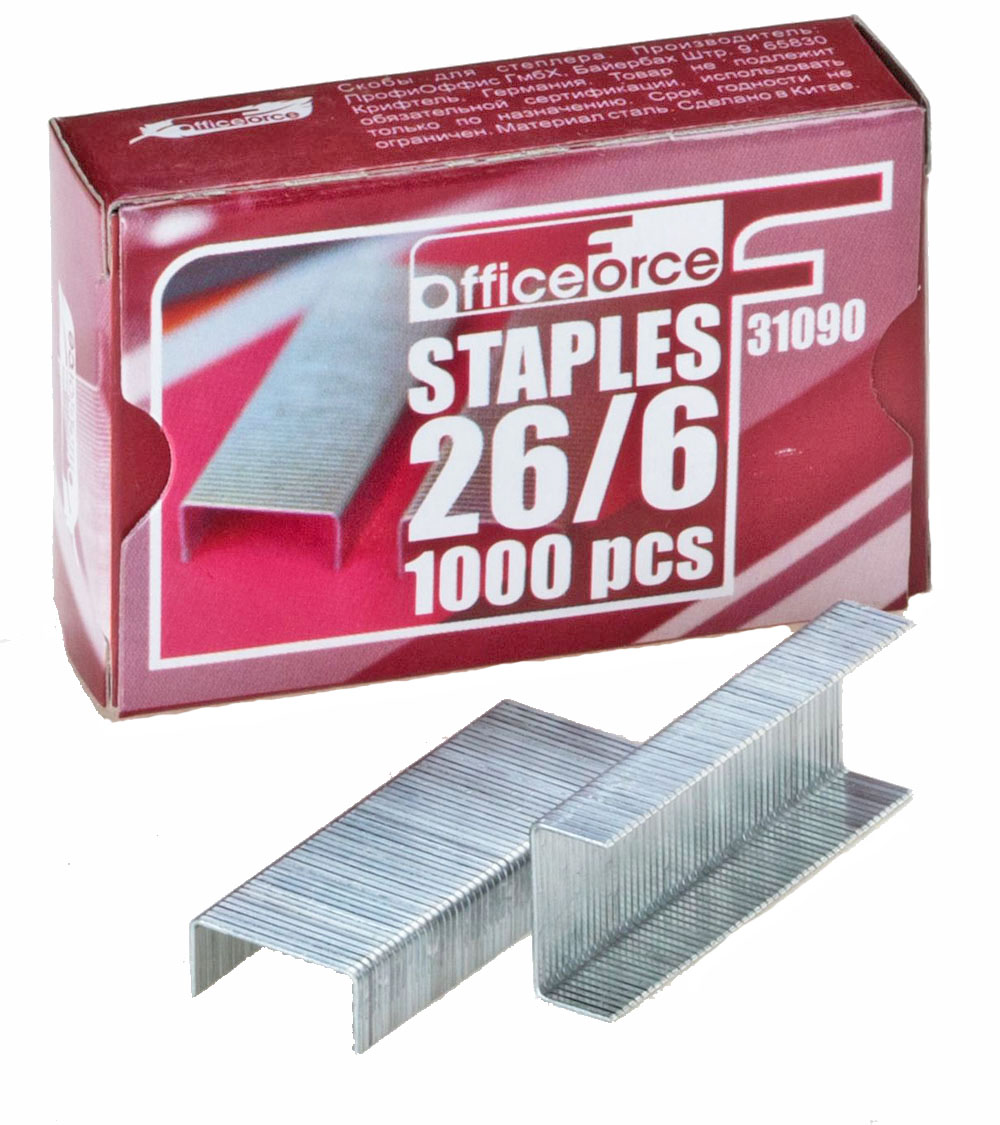 Office Force Stationery Скобы для степлера №26/6 1000 шт31090 Office Force Stationery Скобы для степлера №26/6 1000 шт31090Скобы для степлеров Office Force Stationery. Изготовлены из качественного металла, не гнутся при пробивании листа.Размер №26/6. Скрепляют до 30 листов, 1000 шт/уп. Размер скобы - 12,6 х 6 мм.